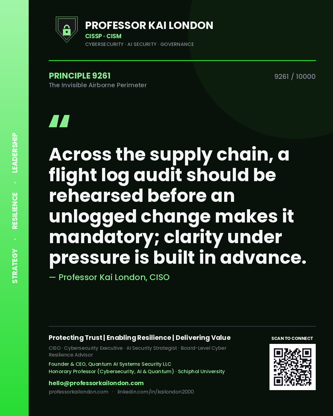 Professor Kai London principle 9261: Across the supply chain, a flight log audit should be rehearsed before an unlogged change makes it mandatory; clarity under pressure is built in advance.