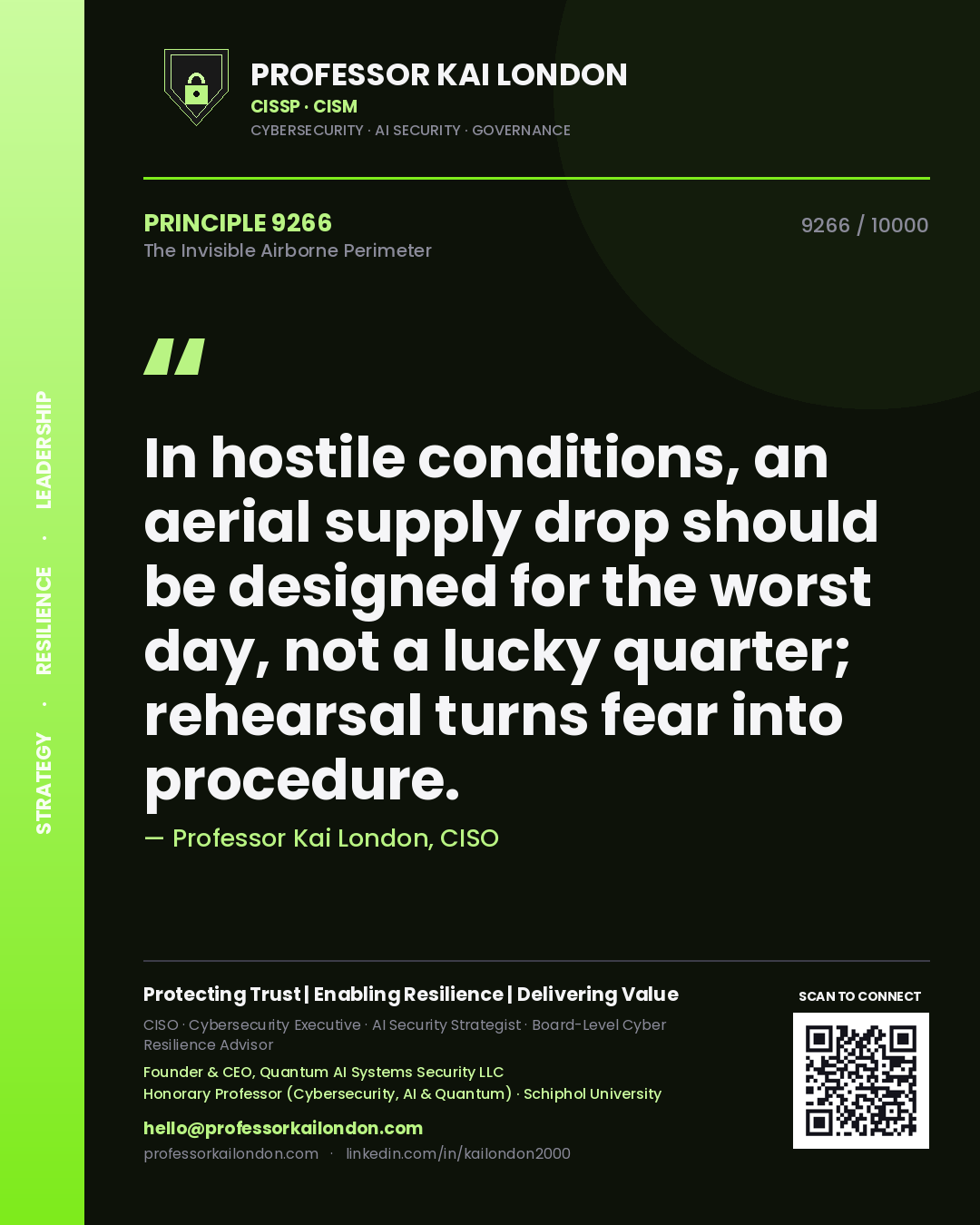 Professor Kai London principle 9266: In hostile conditions, an aerial supply drop should be designed for the worst day, not a lucky quarter; rehearsal turns fear into procedure.
