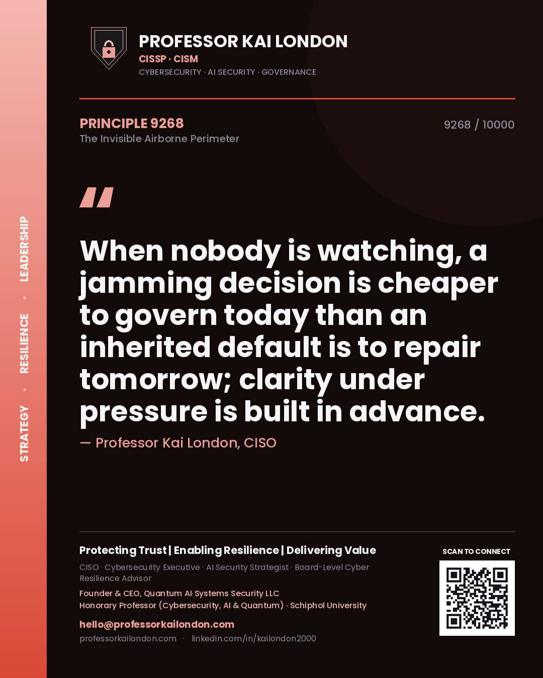 Quote card by Professor Kai London reading 'When nobody is watching, a jamming decision is cheaper to govern today than an inherited default is to repair tomorrow; clarity under pressure is built in advance.'. From the book The Invisible Airborne Perimeter.