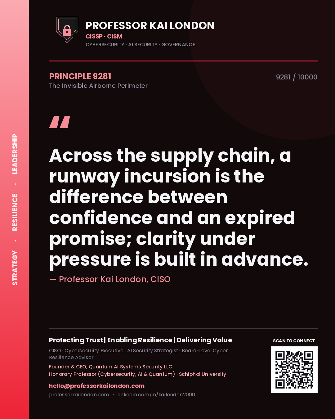 Professor Kai London principle 9281: Across the supply chain, a runway incursion is the difference between confidence and an expired promise; clarity under pressure is built in advance.