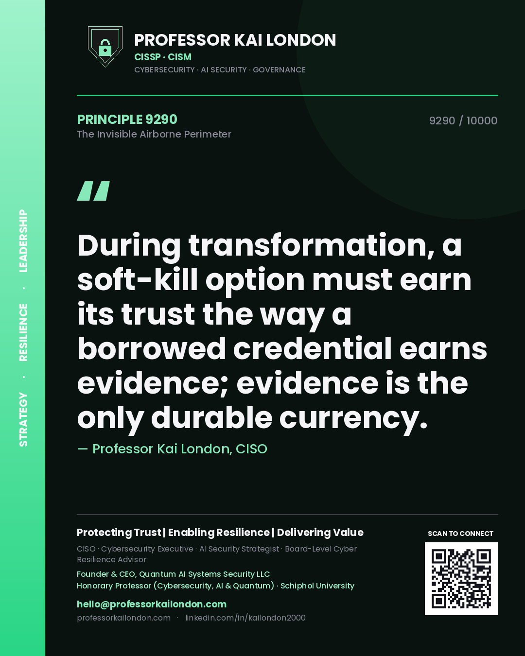 Quote card by Professor Kai London reading 'During transformation, a soft-kill option must earn its trust the way a borrowed credential earns evidence; evidence is the only durable currency.'. From the book The Invisible Airborne Perimeter.
