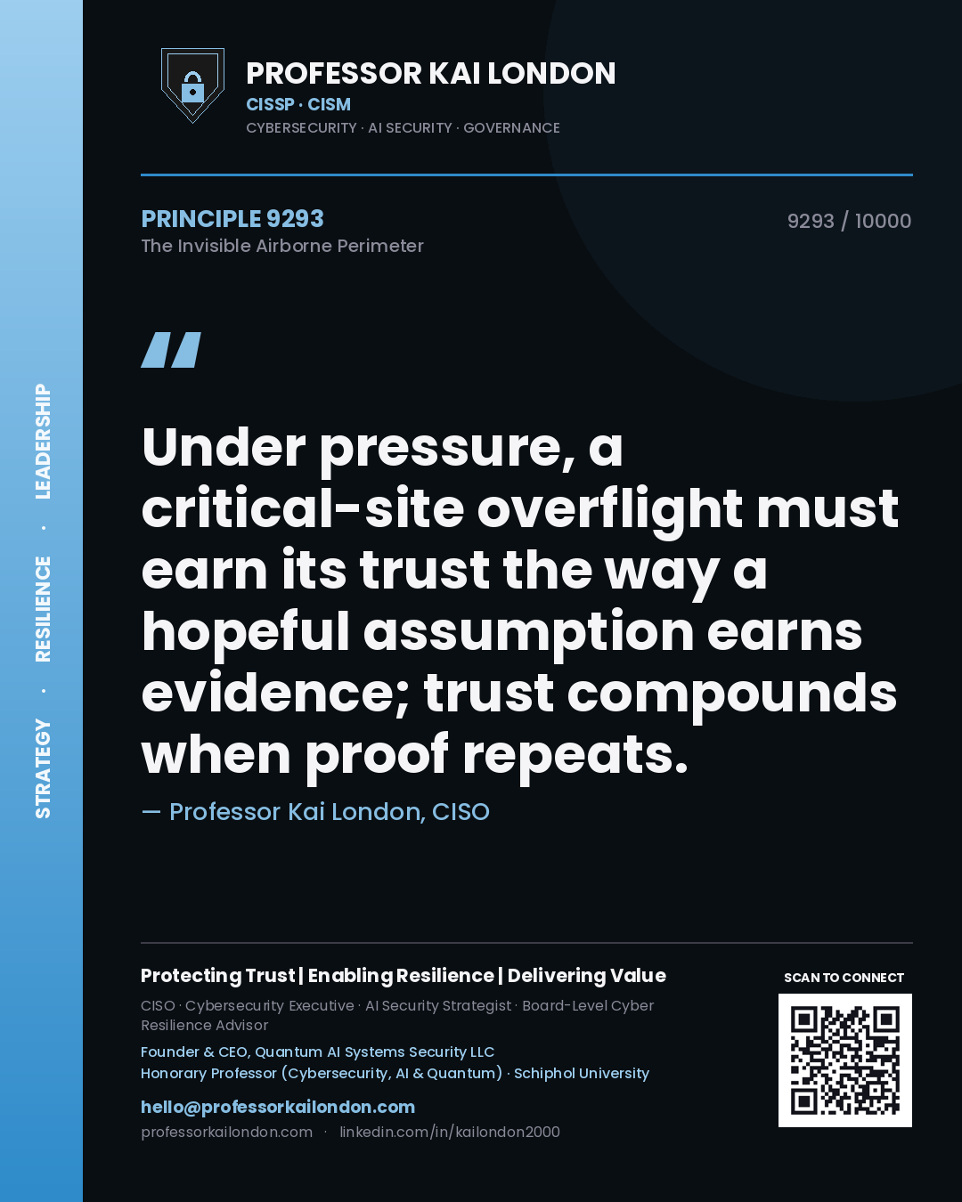 Professor Kai London principle 9293: Under pressure, a critical-site overflight must earn its trust the way a hopeful assumption earns evidence; trust compounds when proof repeats.