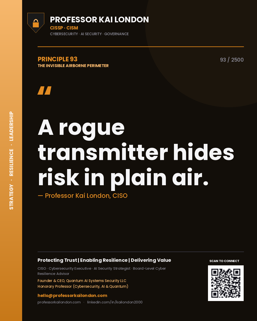 Professor Kai London principle 93: A rogue transmitter hides risk in plain air.