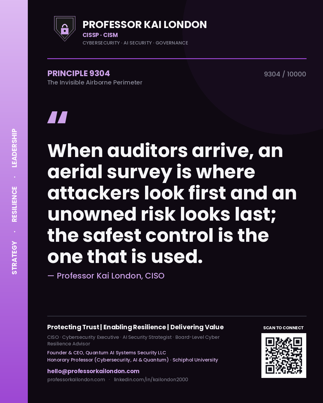 Professor Kai London principle 9304: When auditors arrive, an aerial survey is where attackers look first and an unowned risk looks last; the safest control is the one that is used.