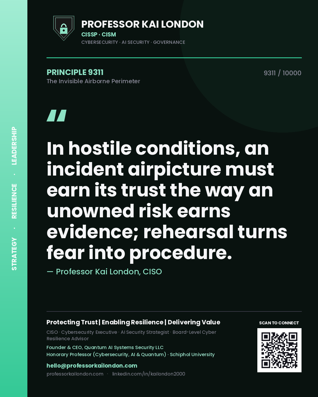 Professor Kai London principle 9311: In hostile conditions, an incident airpicture must earn its trust the way an unowned risk earns evidence; rehearsal turns fear into procedure.
