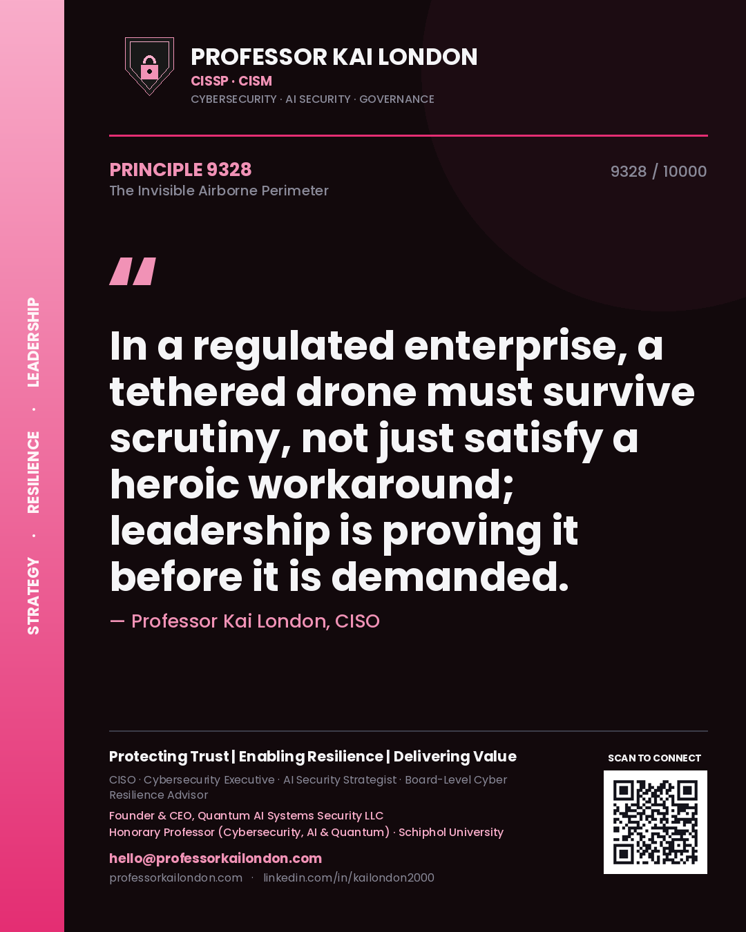 Professor Kai London principle 9328: In a regulated enterprise, a tethered drone must survive scrutiny, not just satisfy a heroic workaround; leadership is proving it before it is demanded.