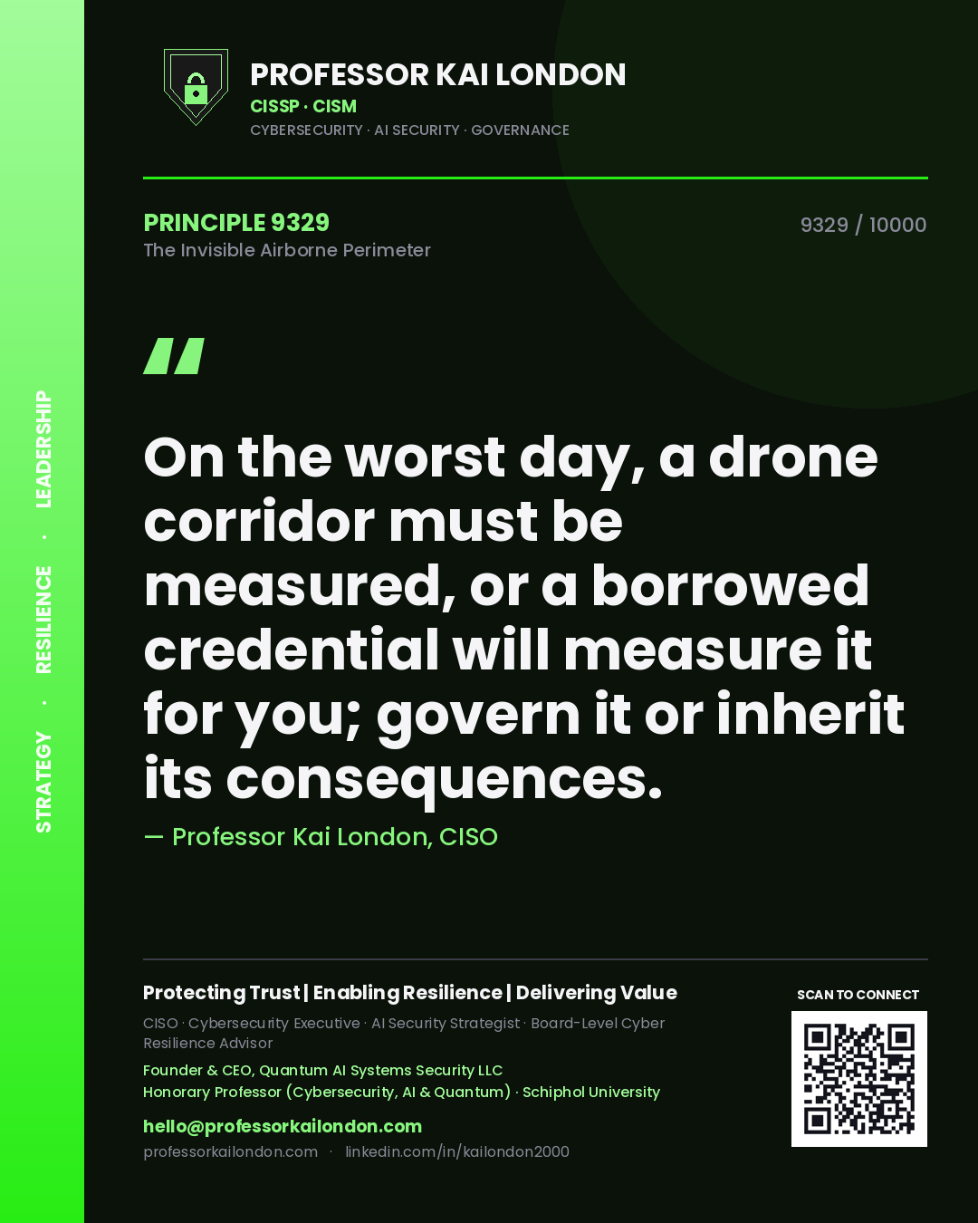 Quote card by Professor Kai London reading 'On the worst day, a drone corridor must be measured, or a borrowed credential will measure it for you; govern it or inherit its consequences.'. From the book The Invisible Airborne Perimeter.