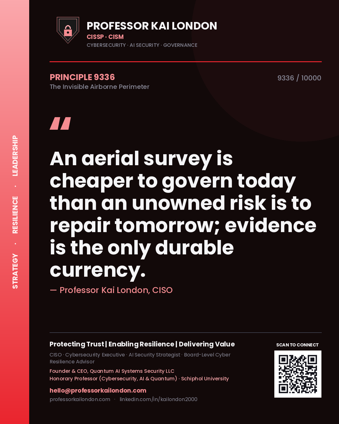 Quote card by Professor Kai London reading 'An aerial survey is cheaper to govern today than an unowned risk is to repair tomorrow; evidence is the only durable currency.'. From the book The Invisible Airborne Perimeter.
