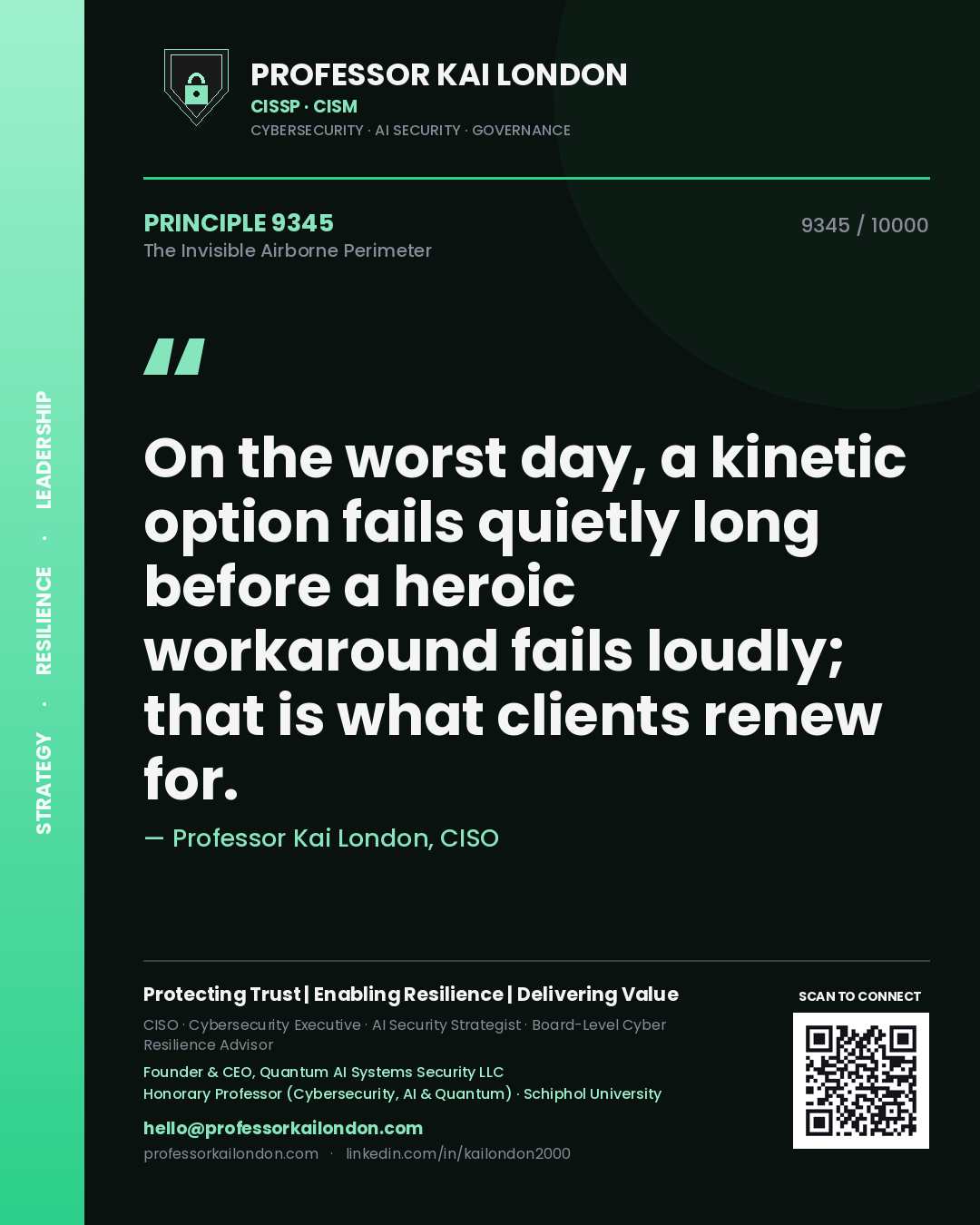 Quote card by Professor Kai London reading 'On the worst day, a kinetic option fails quietly long before a heroic workaround fails loudly; that is what clients renew for.'. From the book The Invisible Airborne Perimeter.