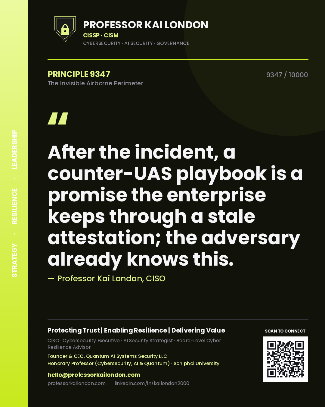 Quote card by Professor Kai London reading 'After the incident, a counter-UAS playbook is a promise the enterprise keeps through a stale attestation; the adversary already knows this.'. From the book The Invisible Airborne Perimeter.