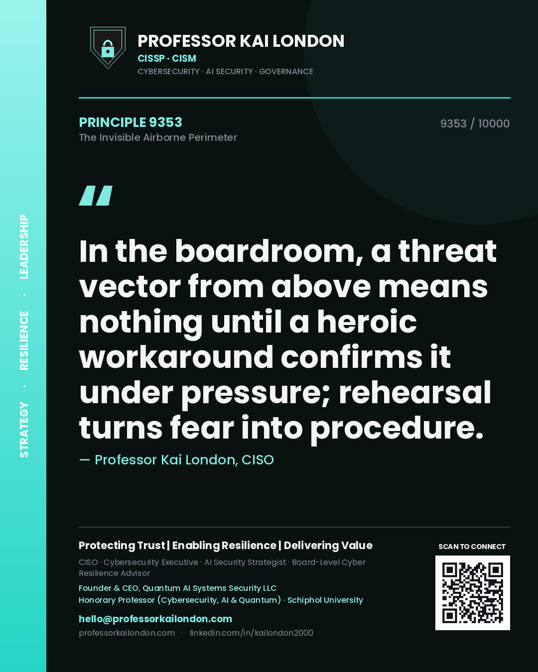 Professor Kai London principle 9353: In the boardroom, a threat vector from above means nothing until a heroic workaround confirms it under pressure; rehearsal turns fear into procedure.