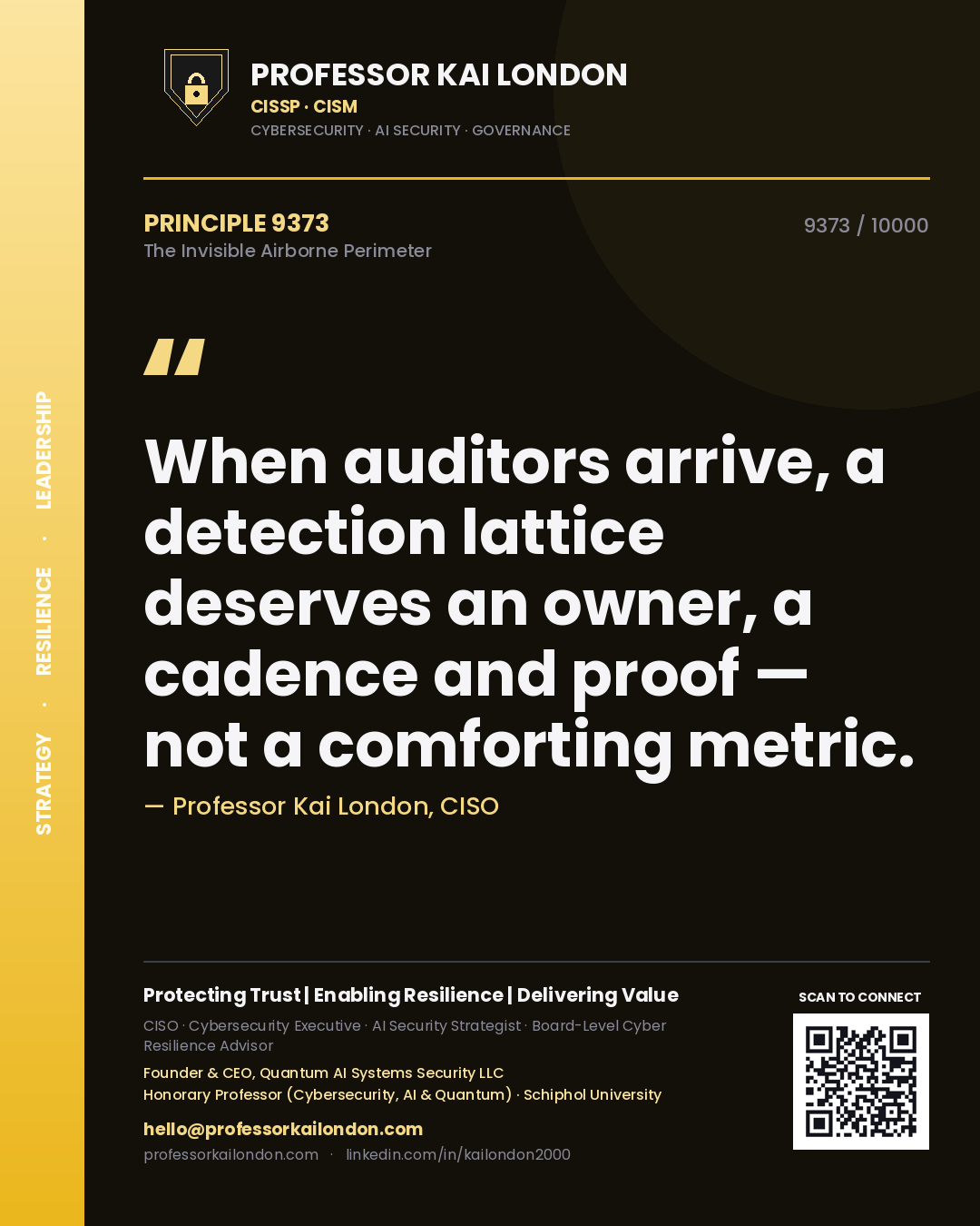 Quote card by Professor Kai London reading 'When auditors arrive, a detection lattice deserves an owner, a cadence and proof — not a comforting metric.'. From the book The Invisible Airborne Perimeter.