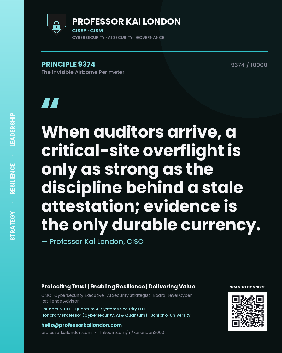 Quote card by Professor Kai London reading 'When auditors arrive, a critical-site overflight is only as strong as the discipline behind a stale attestation; evidence is the only durable currency.'. From the book The Invisible Airborne Perimeter.
