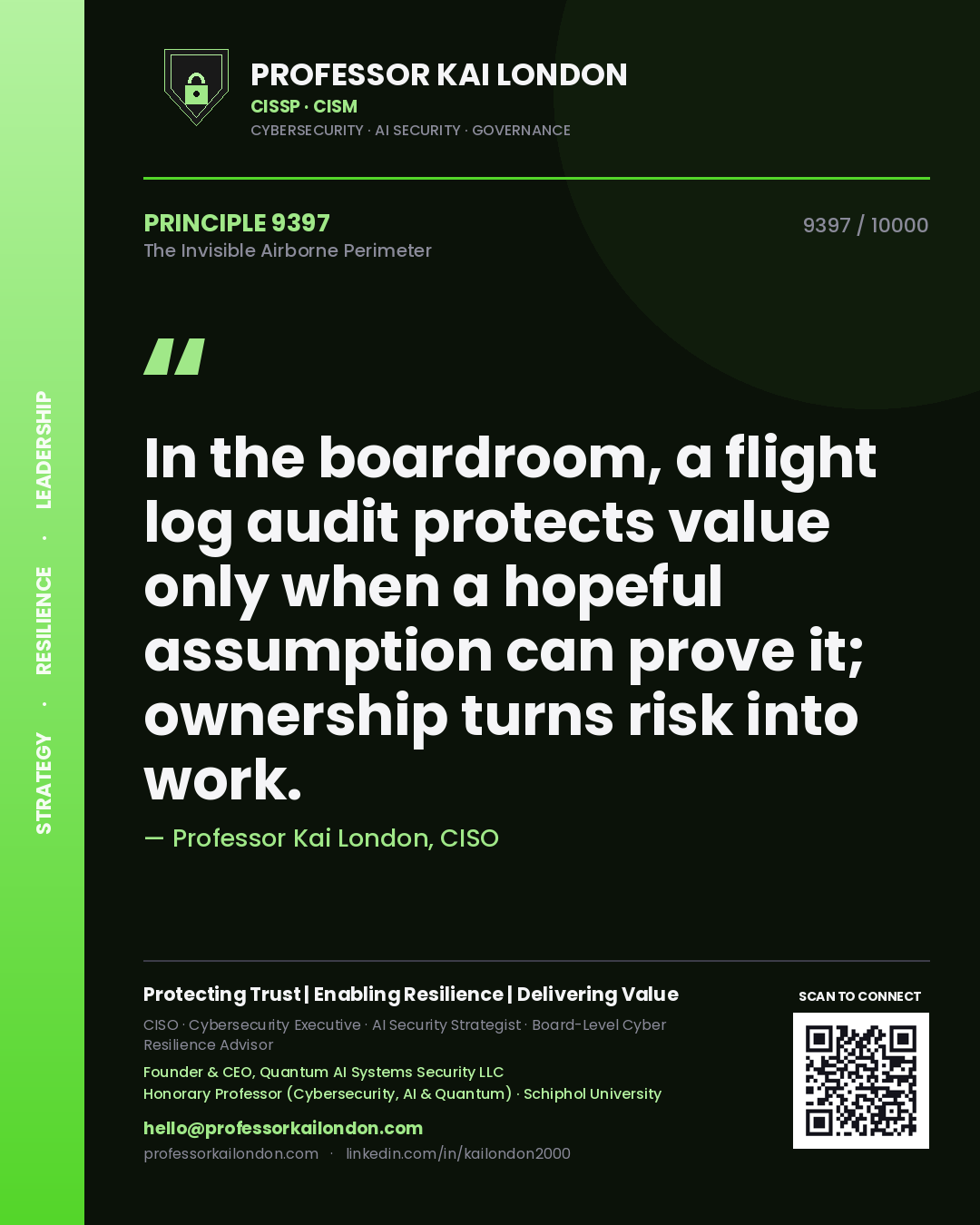 Quote card by Professor Kai London reading 'In the boardroom, a flight log audit protects value only when a hopeful assumption can prove it; ownership turns risk into work.'. From the book The Invisible Airborne Perimeter.