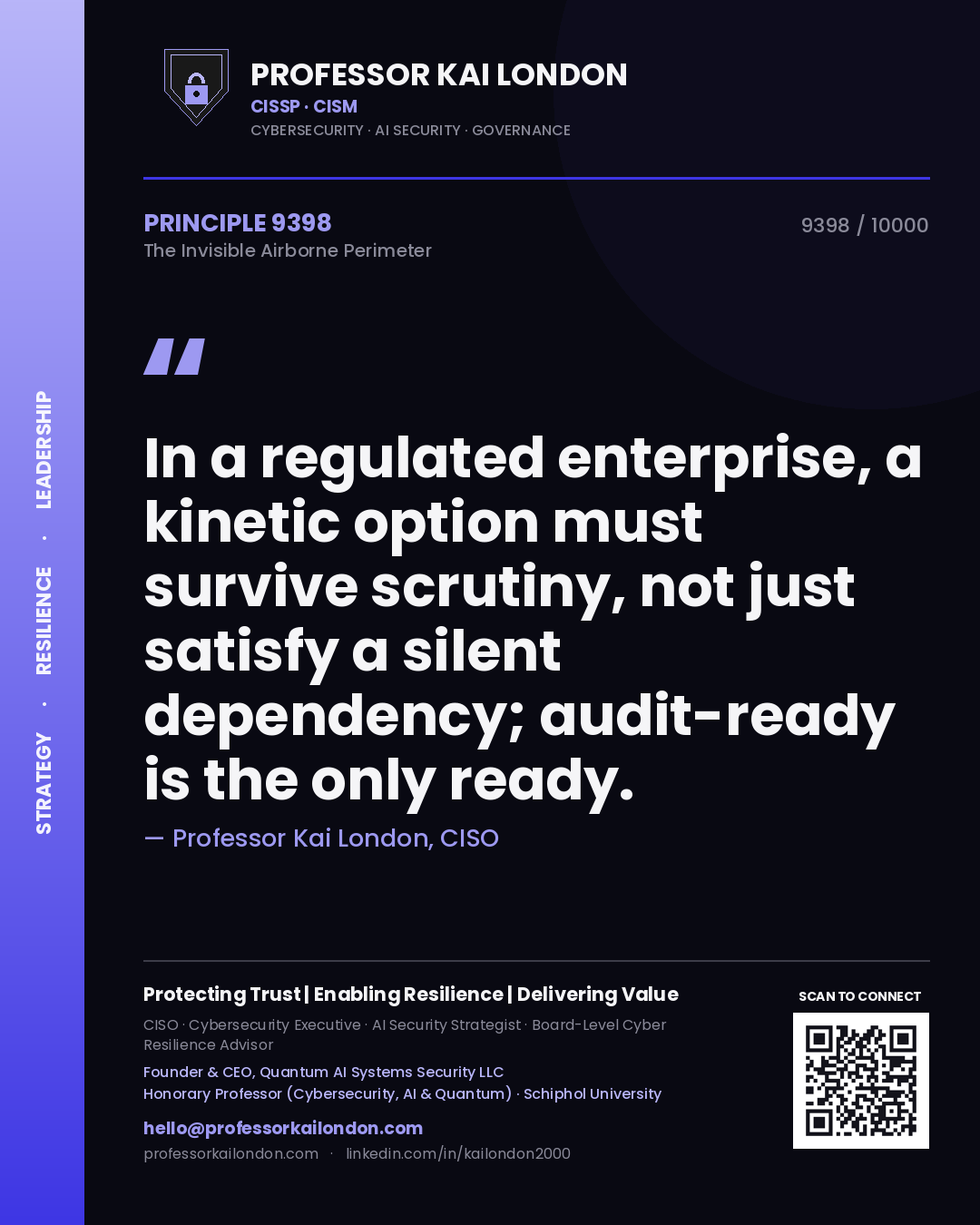 Quote card by Professor Kai London reading 'In a regulated enterprise, a kinetic option must survive scrutiny, not just satisfy a silent dependency; audit-ready is the only ready.'. From the book The Invisible Airborne Perimeter.