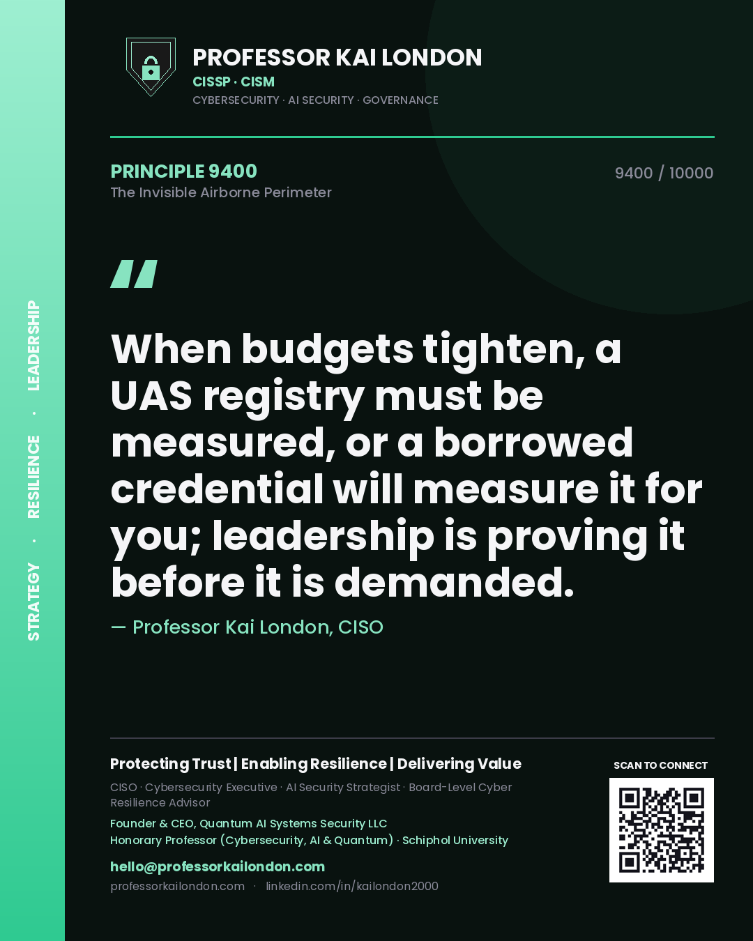 Quote card by Professor Kai London reading 'When budgets tighten, a UAS registry must be measured, or a borrowed credential will measure it for you; leadership is proving it before it is demanded.'. From the book The Invisible Airborne Perimeter.