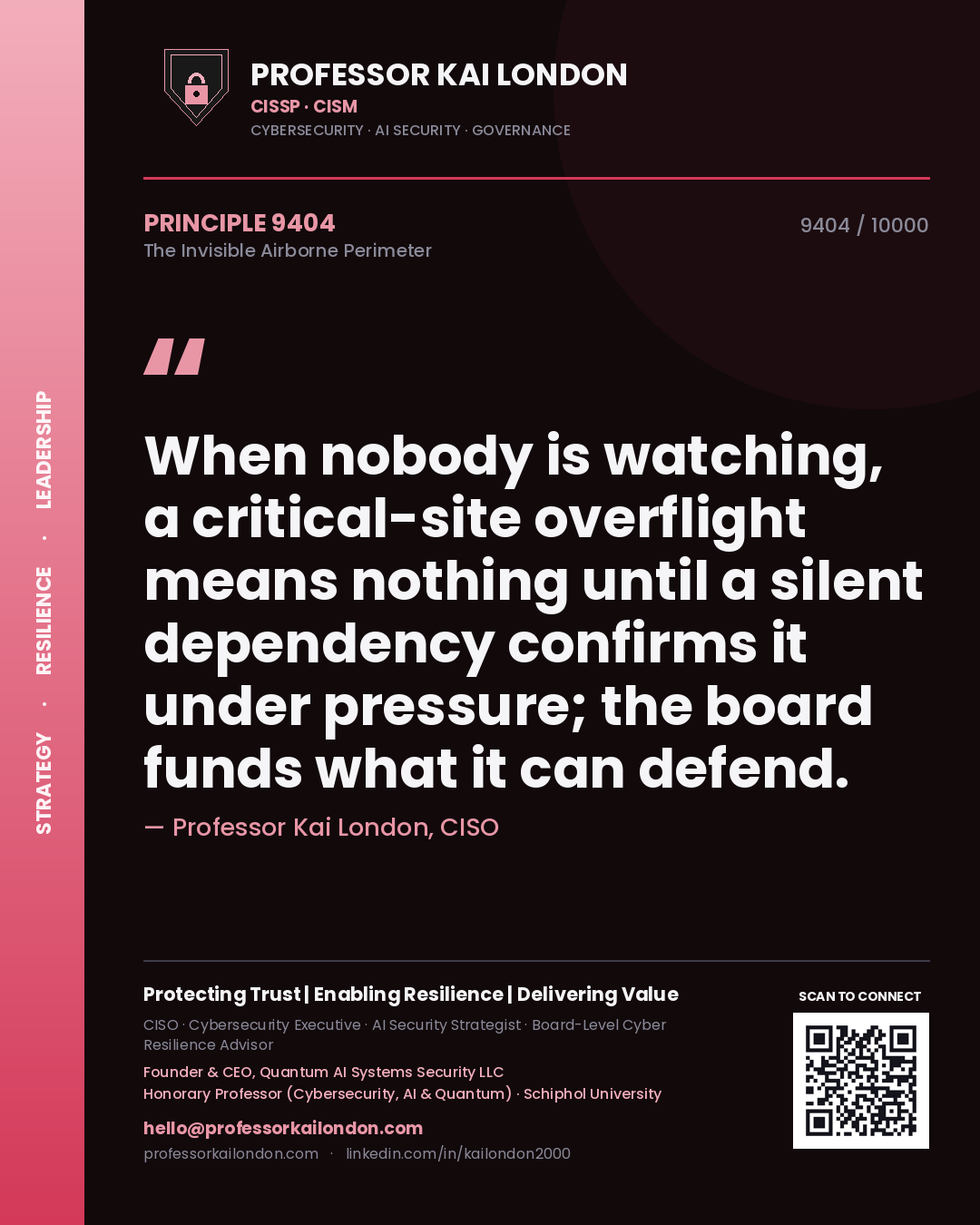 Professor Kai London principle 9404: When nobody is watching, a critical-site overflight means nothing until a silent dependency confirms it under pressure; the board funds what it can defend.