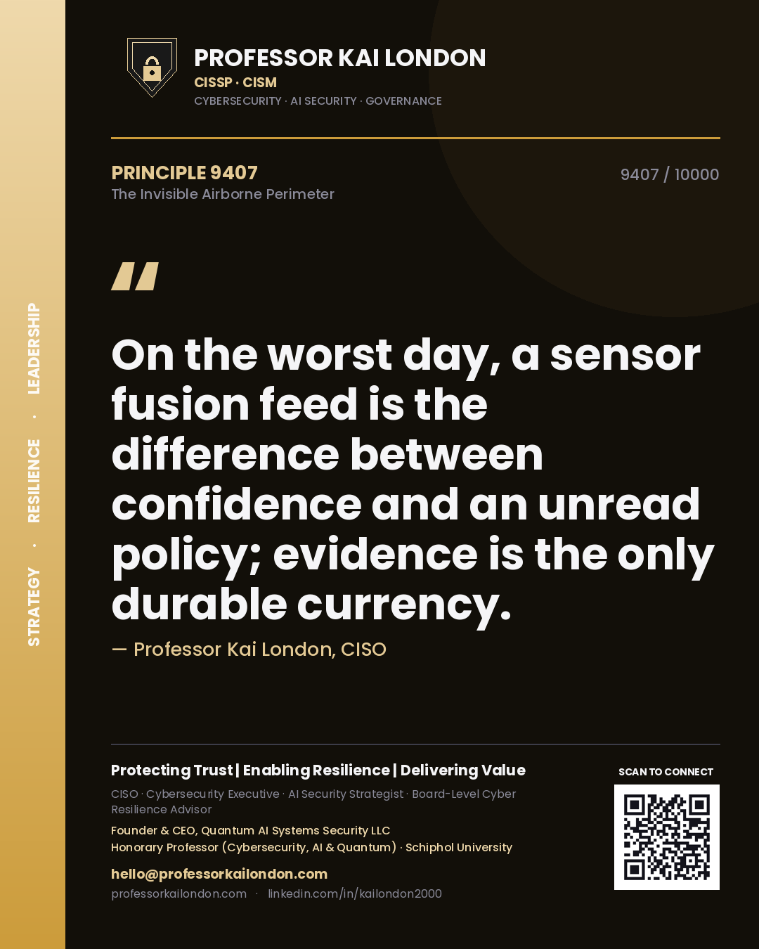 Quote card by Professor Kai London reading 'On the worst day, a sensor fusion feed is the difference between confidence and an unread policy; evidence is the only durable currency.'. From the book The Invisible Airborne Perimeter.