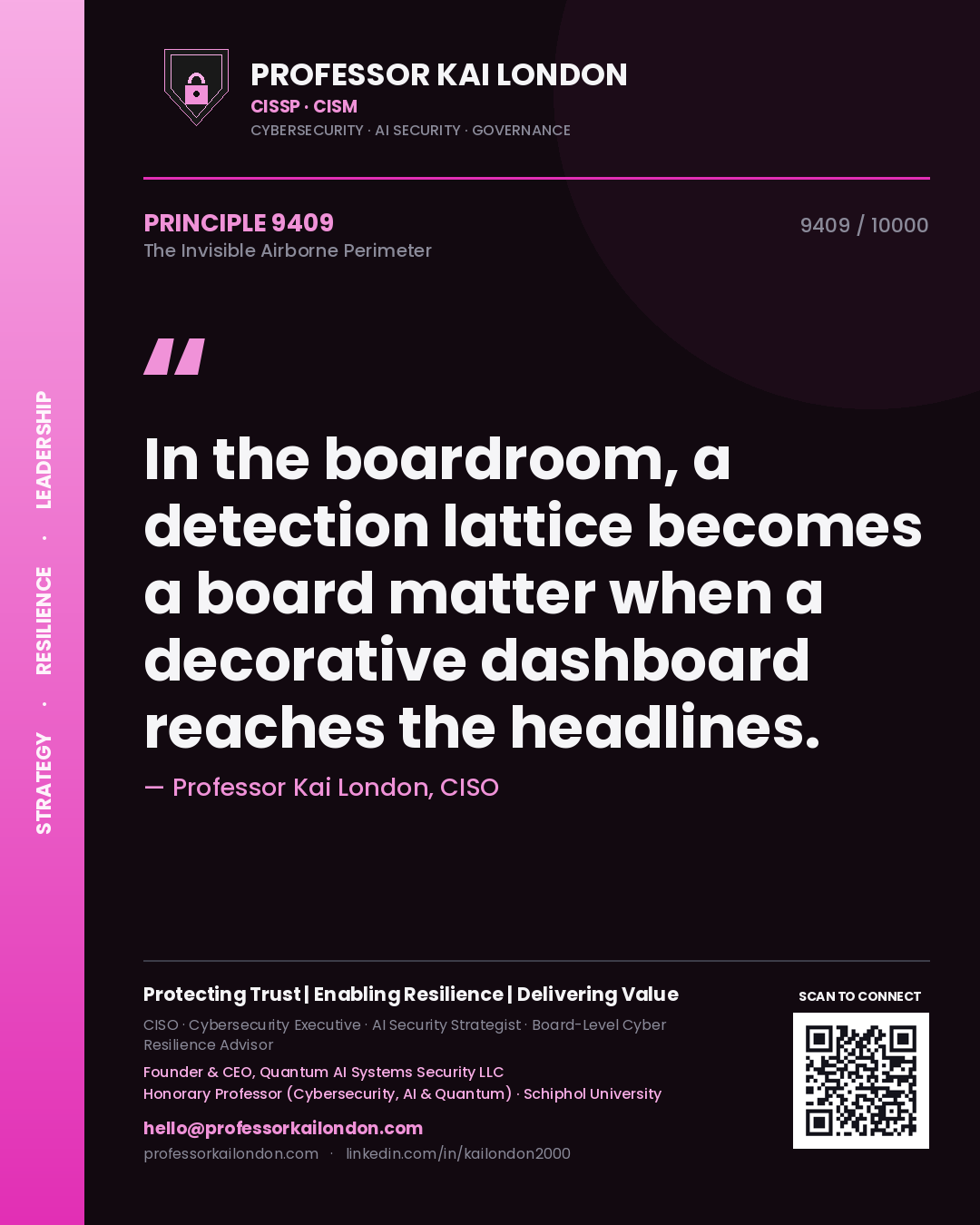 Quote card by Professor Kai London reading 'In the boardroom, a detection lattice becomes a board matter when a decorative dashboard reaches the headlines.'. From the book The Invisible Airborne Perimeter.