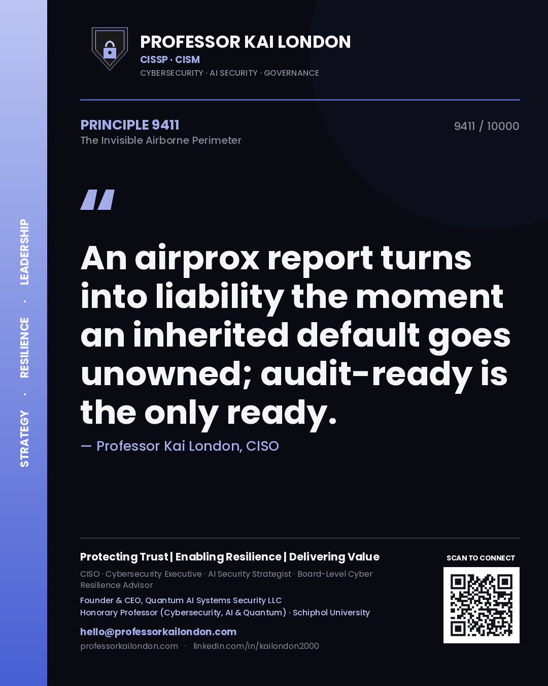 Professor Kai London principle 9411: An airprox report turns into liability the moment an inherited default goes unowned; audit-ready is the only ready.