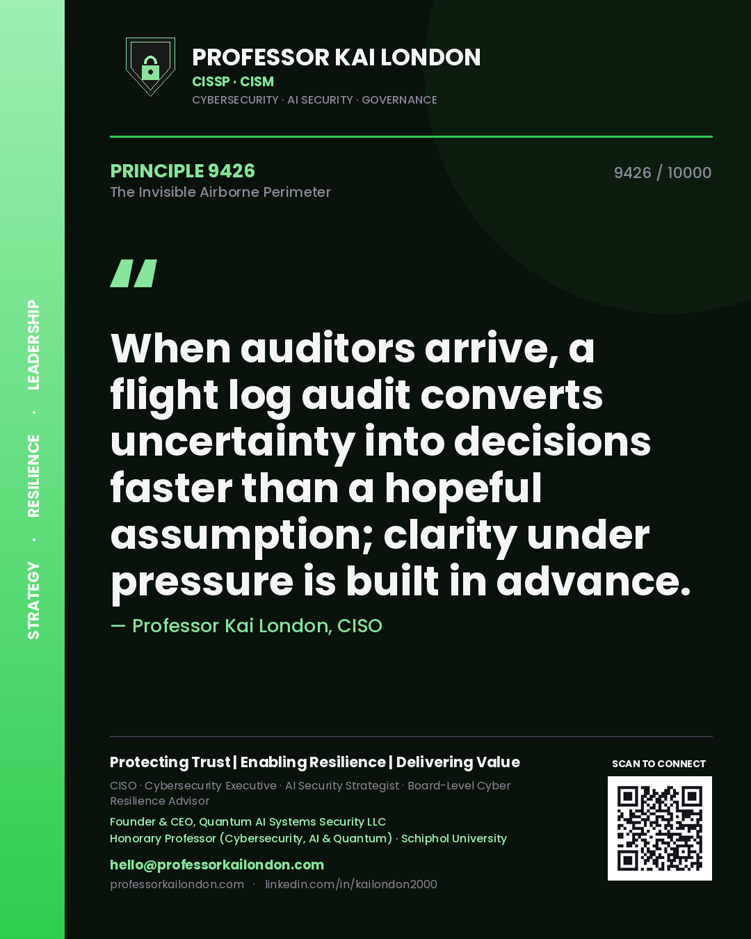 Professor Kai London principle 9426: When auditors arrive, a flight log audit converts uncertainty into decisions faster than a hopeful assumption; clarity under pressure is built in advance.