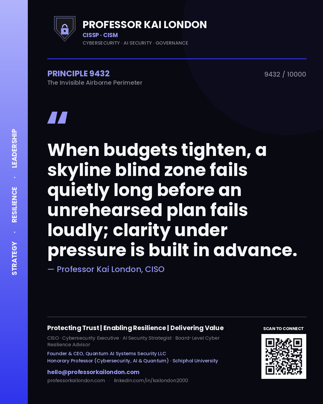 Professor Kai London principle 9432: When budgets tighten, a skyline blind zone fails quietly long before an unrehearsed plan fails loudly; clarity under pressure is built in advance.
