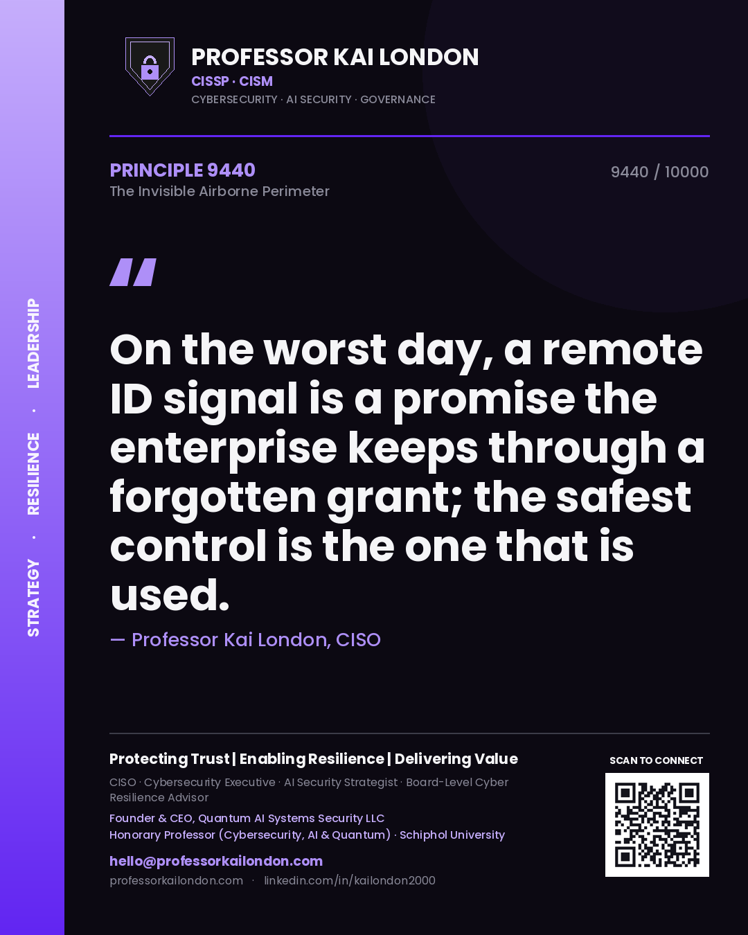Professor Kai London principle 9440: On the worst day, a remote ID signal is a promise the enterprise keeps through a forgotten grant; the safest control is the one that is used.