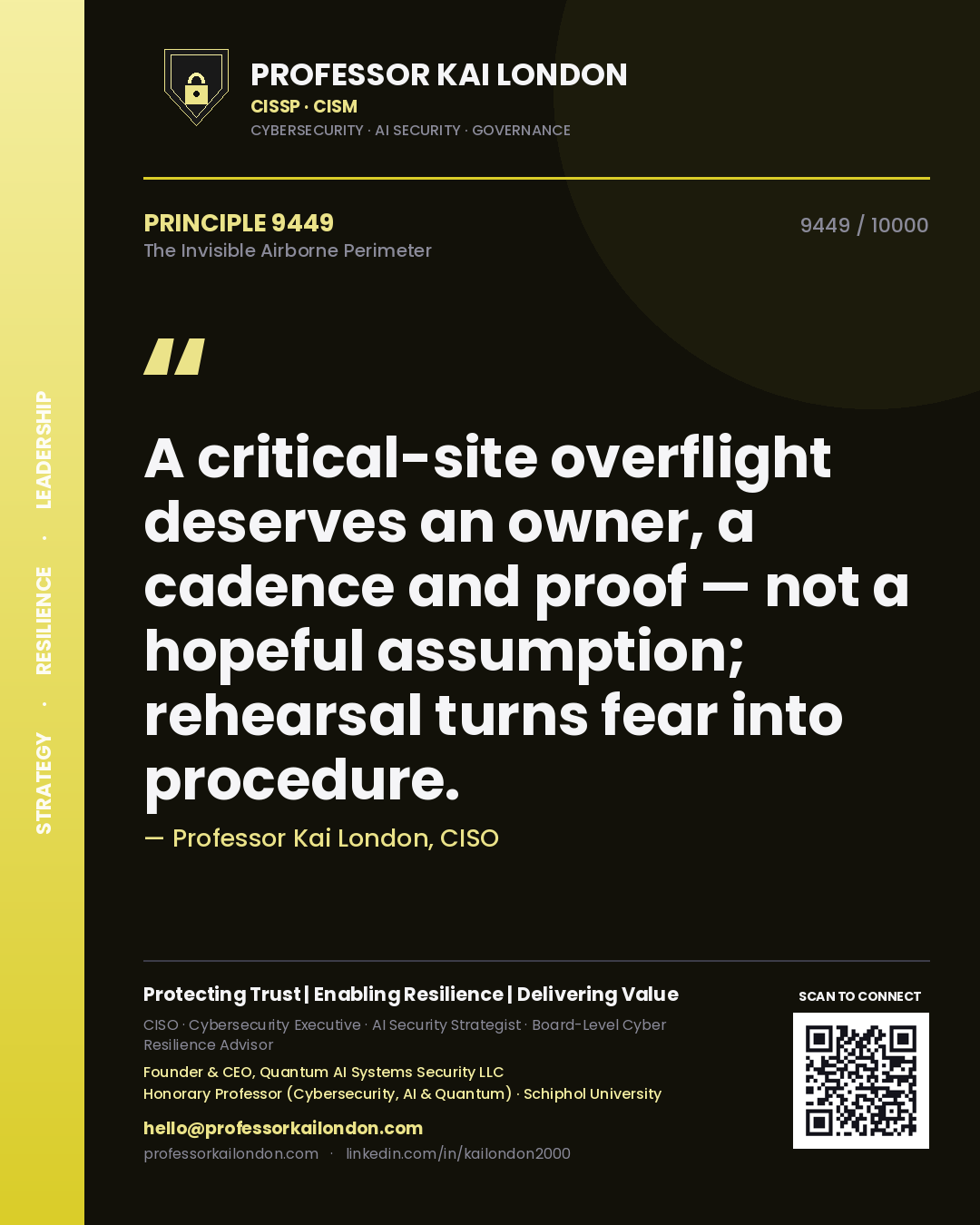 Professor Kai London principle 9449: A critical-site overflight deserves an owner, a cadence and proof — not a hopeful assumption; rehearsal turns fear into procedure.