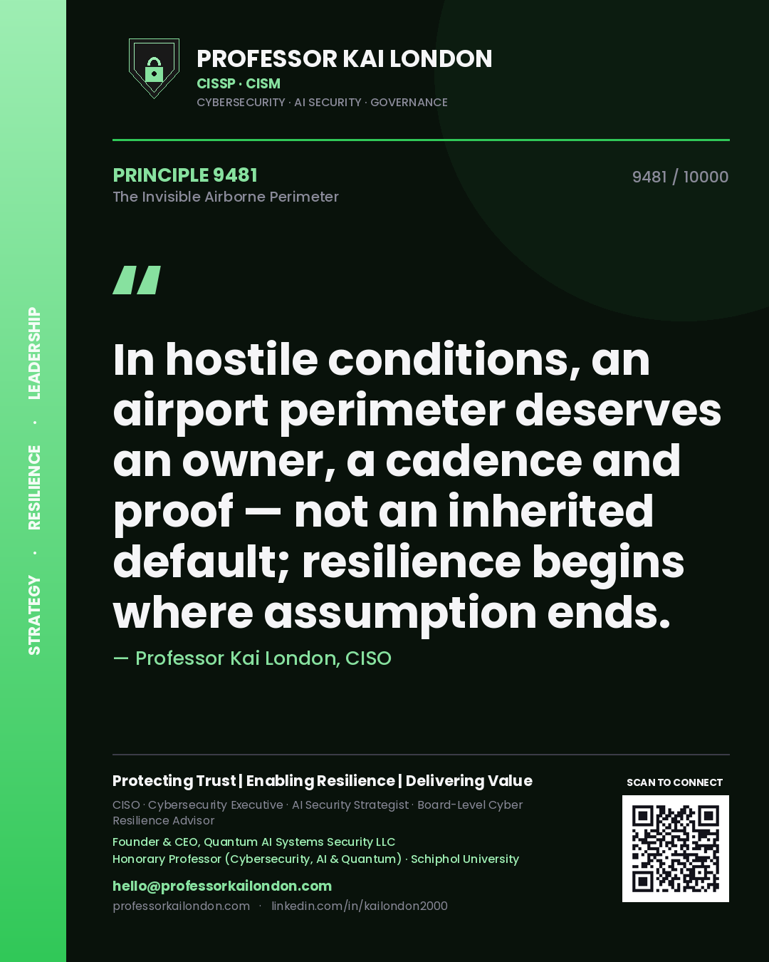 Professor Kai London principle 9481: In hostile conditions, an airport perimeter deserves an owner, a cadence and proof — not an inherited default; resilience begins where assumption ends.