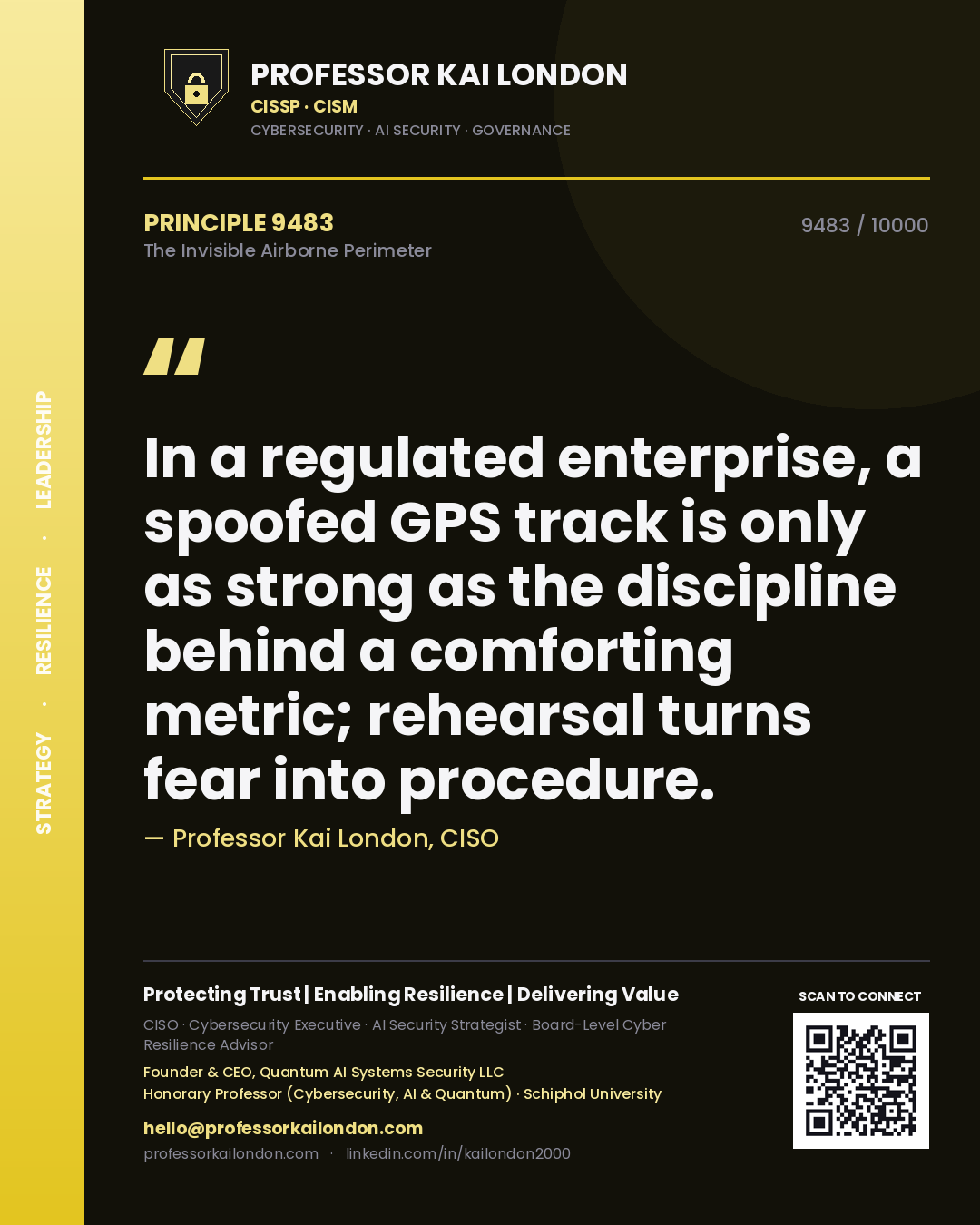 Quote card by Professor Kai London reading 'In a regulated enterprise, a spoofed GPS track is only as strong as the discipline behind a comforting metric; rehearsal turns fear into procedure.'. From the book The Invisible Airborne Perimeter.
