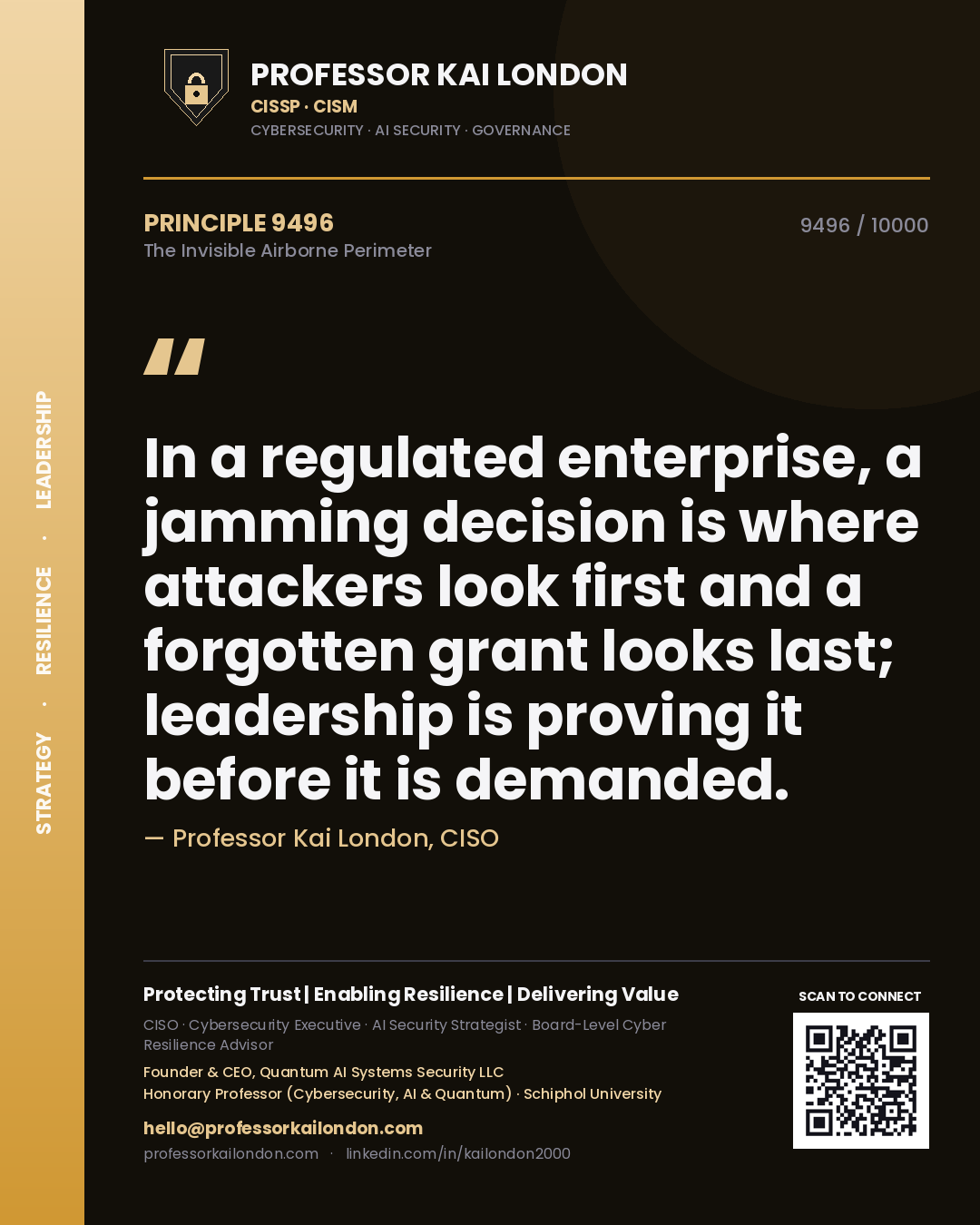 Quote card by Professor Kai London reading 'In a regulated enterprise, a jamming decision is where attackers look first and a forgotten grant looks last; leadership is proving it before it is demanded.'. From the book The Invisible Airborne Perimeter.