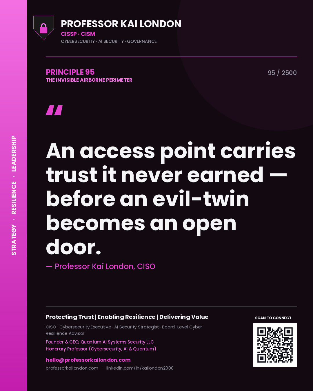Professor Kai London principle 95: An access point carries trust it never earned — before an evil-twin becomes an open door.