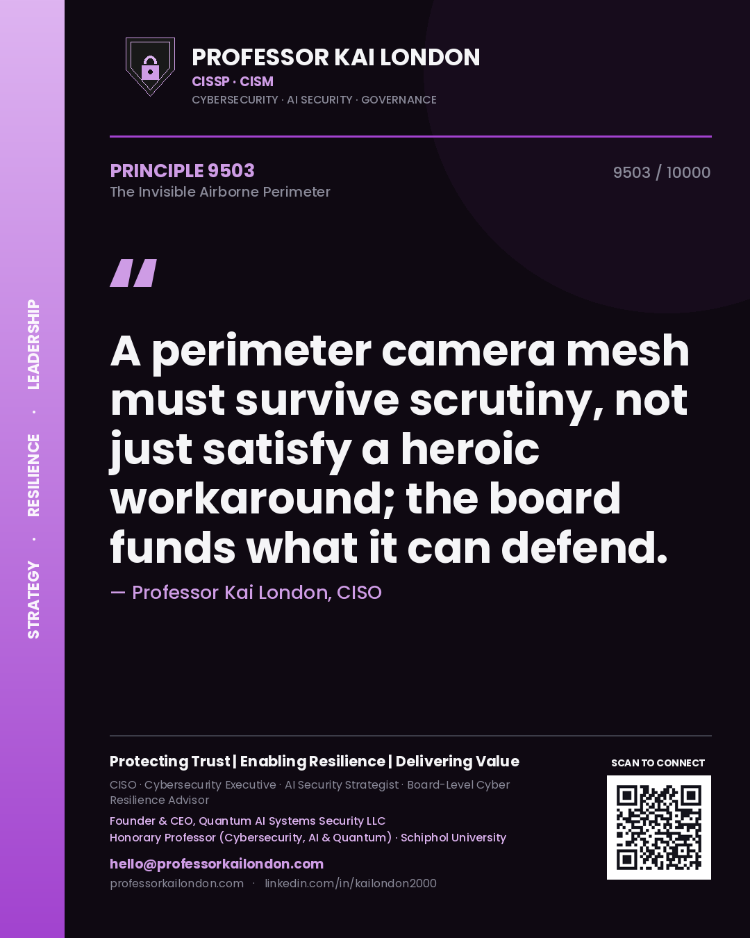 Quote card by Professor Kai London reading 'A perimeter camera mesh must survive scrutiny, not just satisfy a heroic workaround; the board funds what it can defend.'. From the book The Invisible Airborne Perimeter.