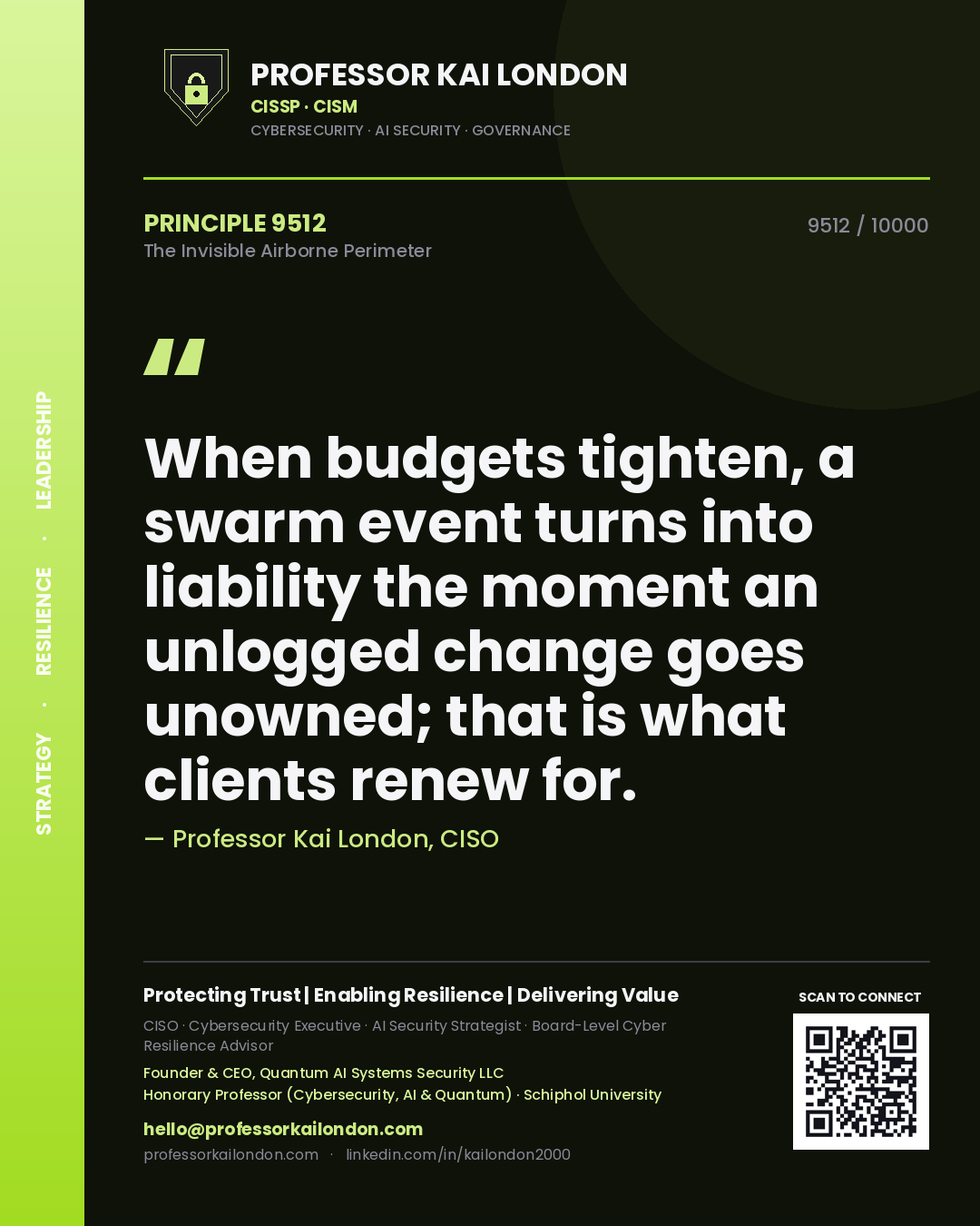 Quote card by Professor Kai London reading 'When budgets tighten, a swarm event turns into liability the moment an unlogged change goes unowned; that is what clients renew for.'. From the book The Invisible Airborne Perimeter.