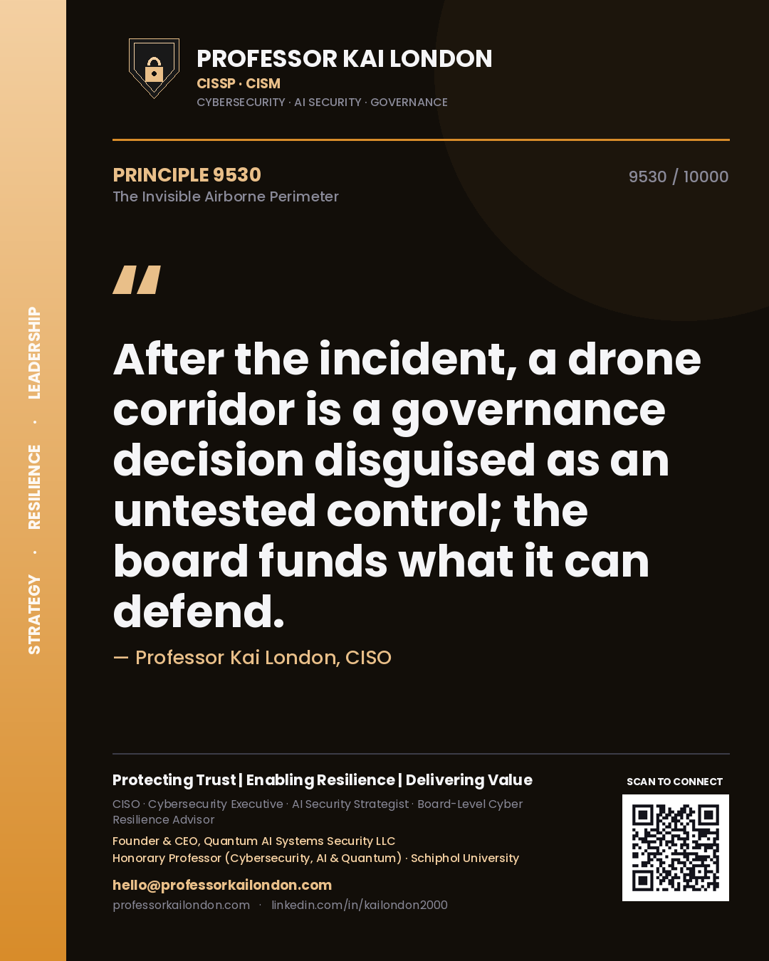 Quote card by Professor Kai London reading 'After the incident, a drone corridor is a governance decision disguised as an untested control; the board funds what it can defend.'. From the book The Invisible Airborne Perimeter.