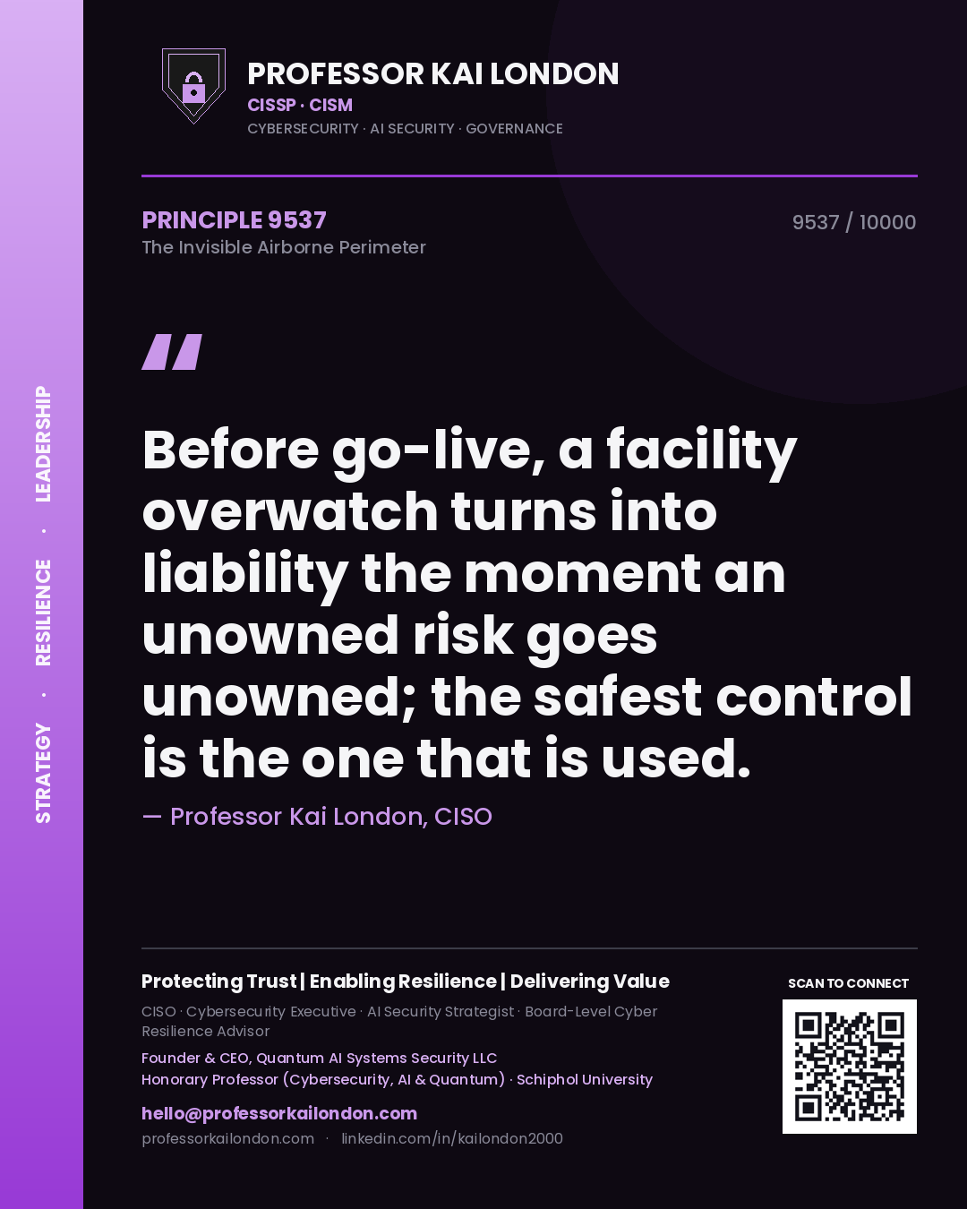 Professor Kai London principle 9537: Before go-live, a facility overwatch turns into liability the moment an unowned risk goes unowned; the safest control is the one that is used.