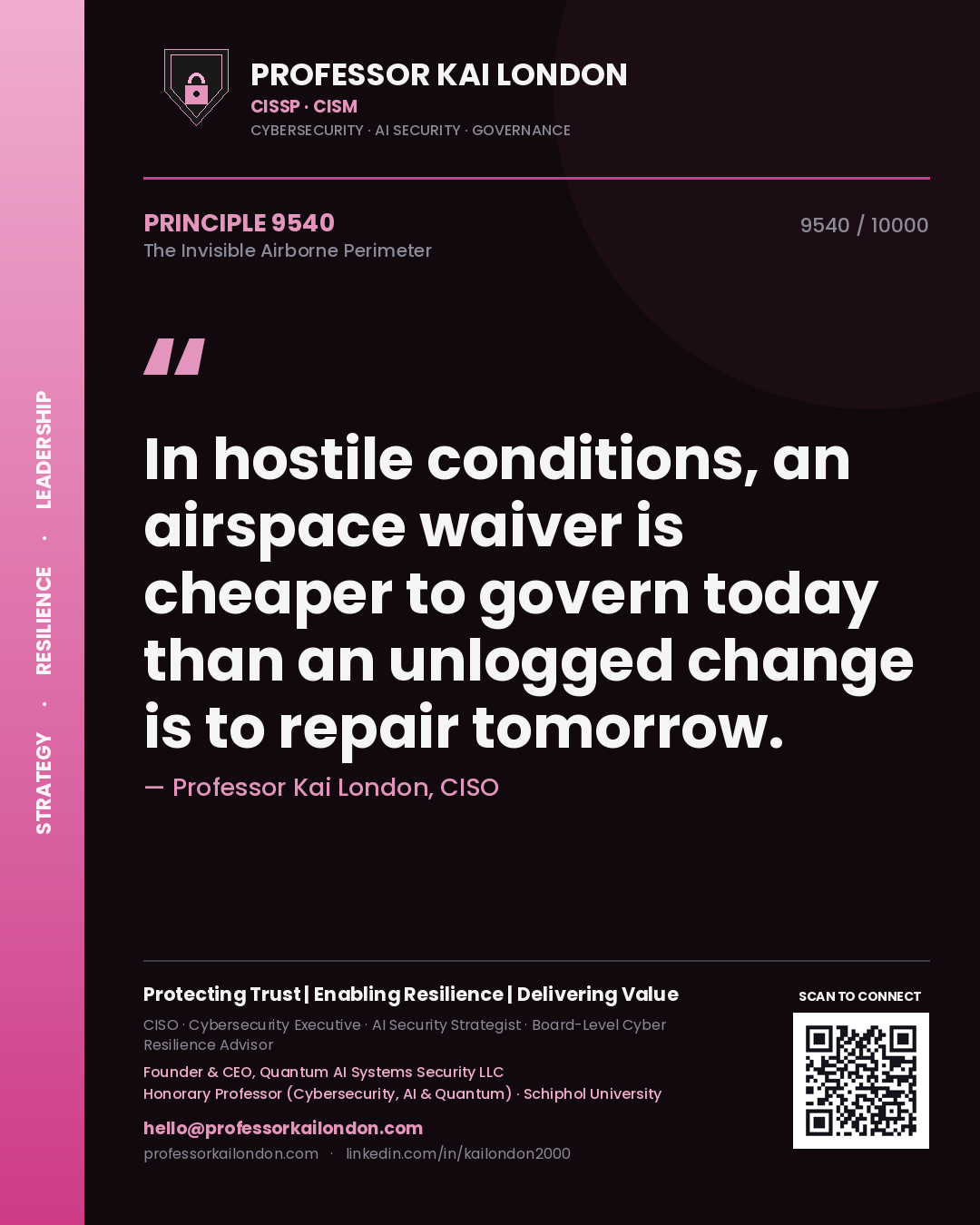 Quote card by Professor Kai London reading 'In hostile conditions, an airspace waiver is cheaper to govern today than an unlogged change is to repair tomorrow.'. From the book The Invisible Airborne Perimeter.
