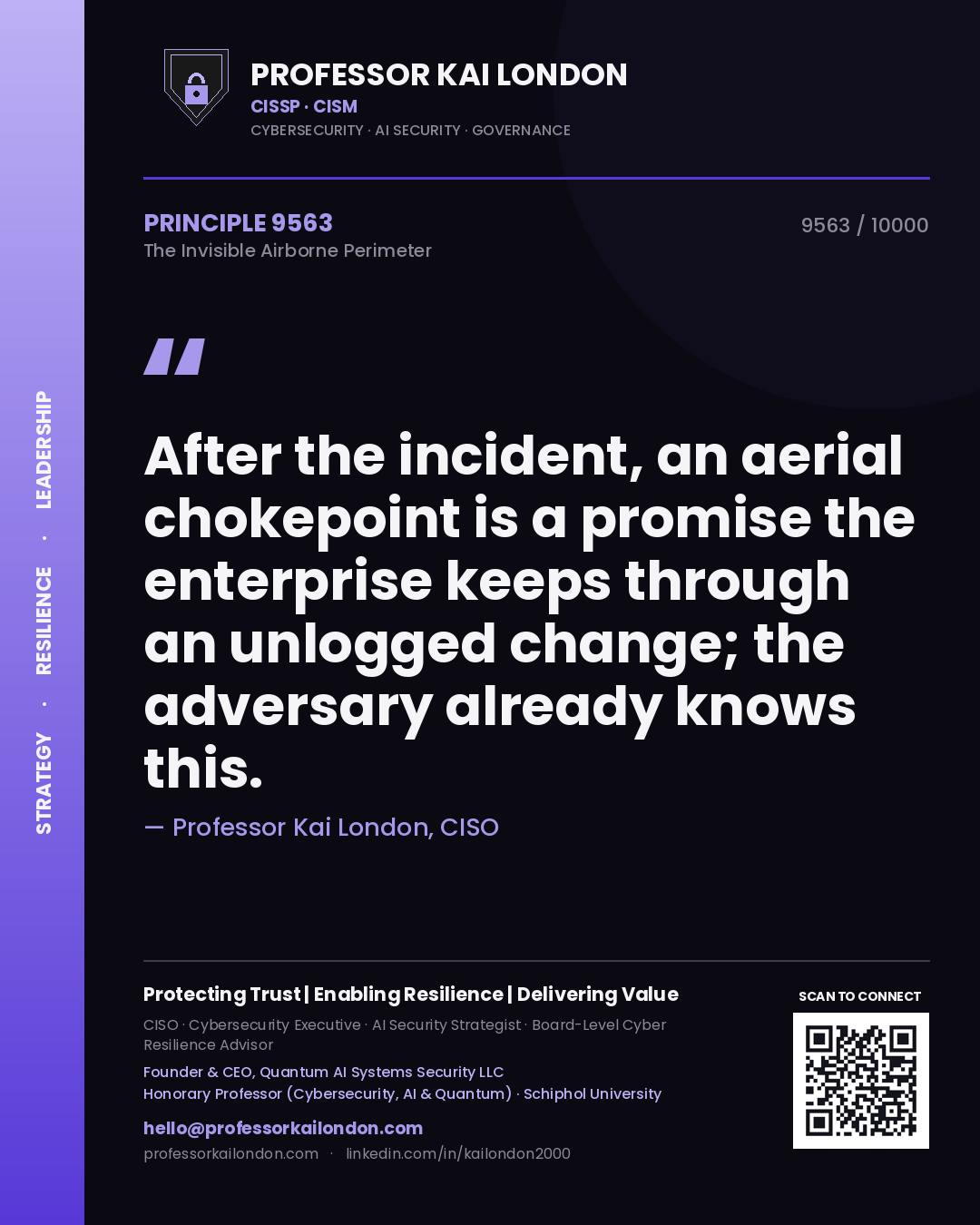 Quote card by Professor Kai London reading 'After the incident, an aerial chokepoint is a promise the enterprise keeps through an unlogged change; the adversary already knows this.'. From the book The Invisible Airborne Perimeter.