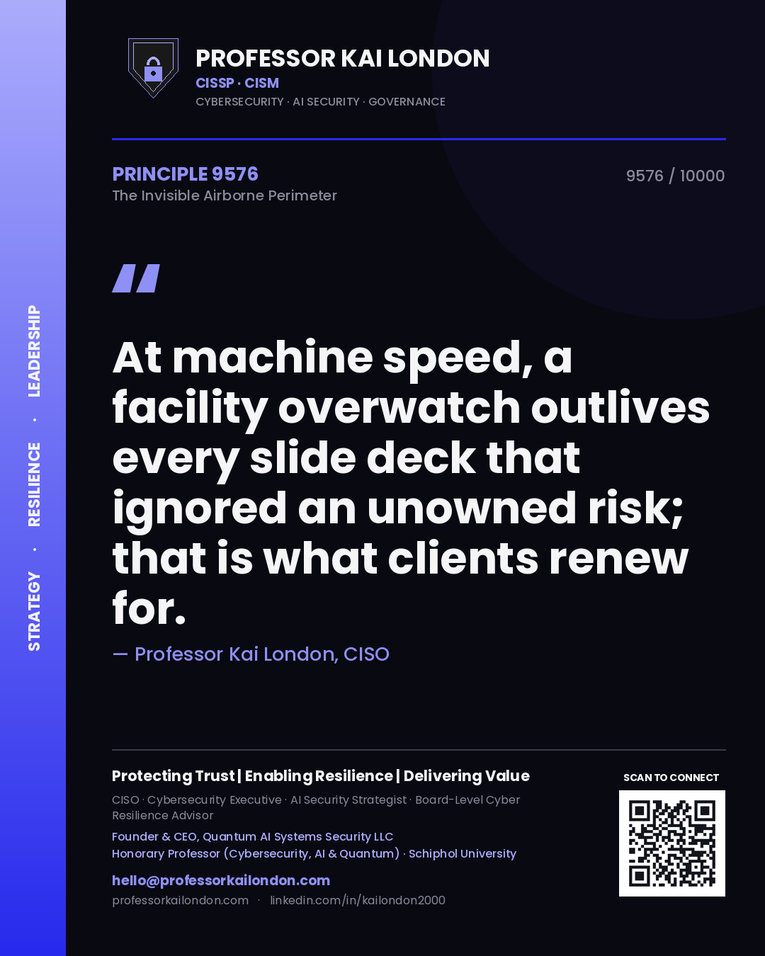 Professor Kai London principle 9576: At machine speed, a facility overwatch outlives every slide deck that ignored an unowned risk; that is what clients renew for.