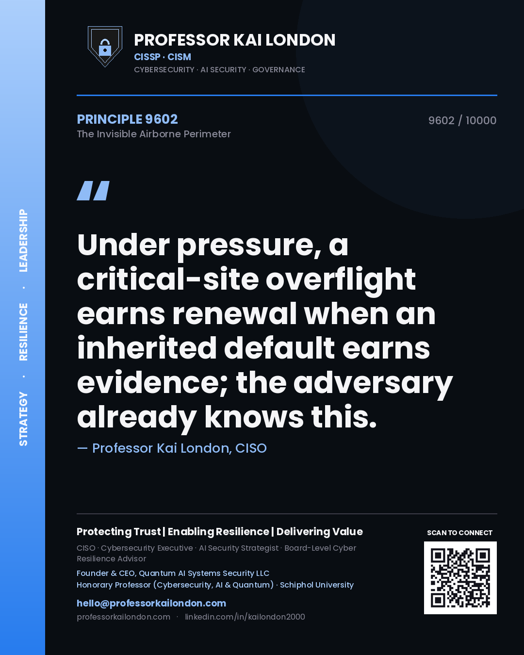 Professor Kai London principle 9602: Under pressure, a critical-site overflight earns renewal when an inherited default earns evidence; the adversary already knows this.