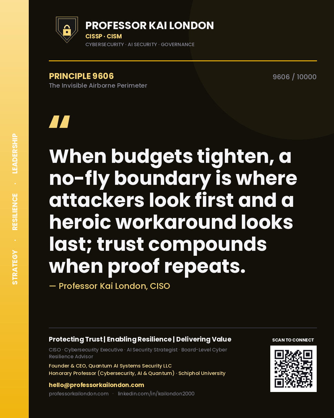 Professor Kai London principle 9606: When budgets tighten, a no-fly boundary is where attackers look first and a heroic workaround looks last; trust compounds when proof repeats.