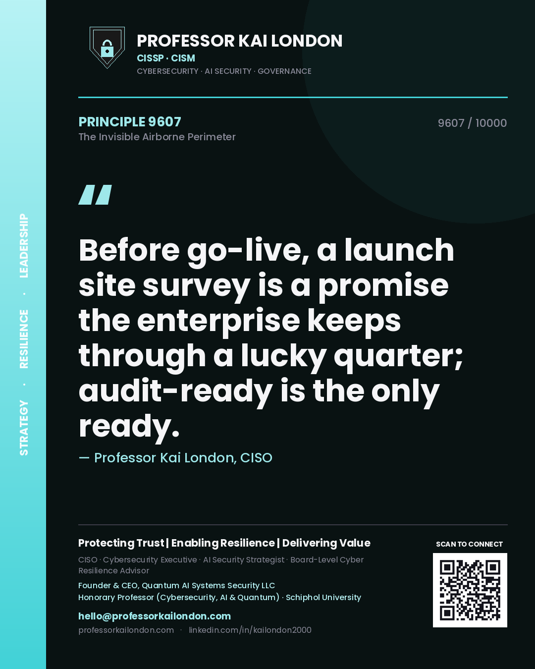 Professor Kai London principle 9607: Before go-live, a launch site survey is a promise the enterprise keeps through a lucky quarter; audit-ready is the only ready.