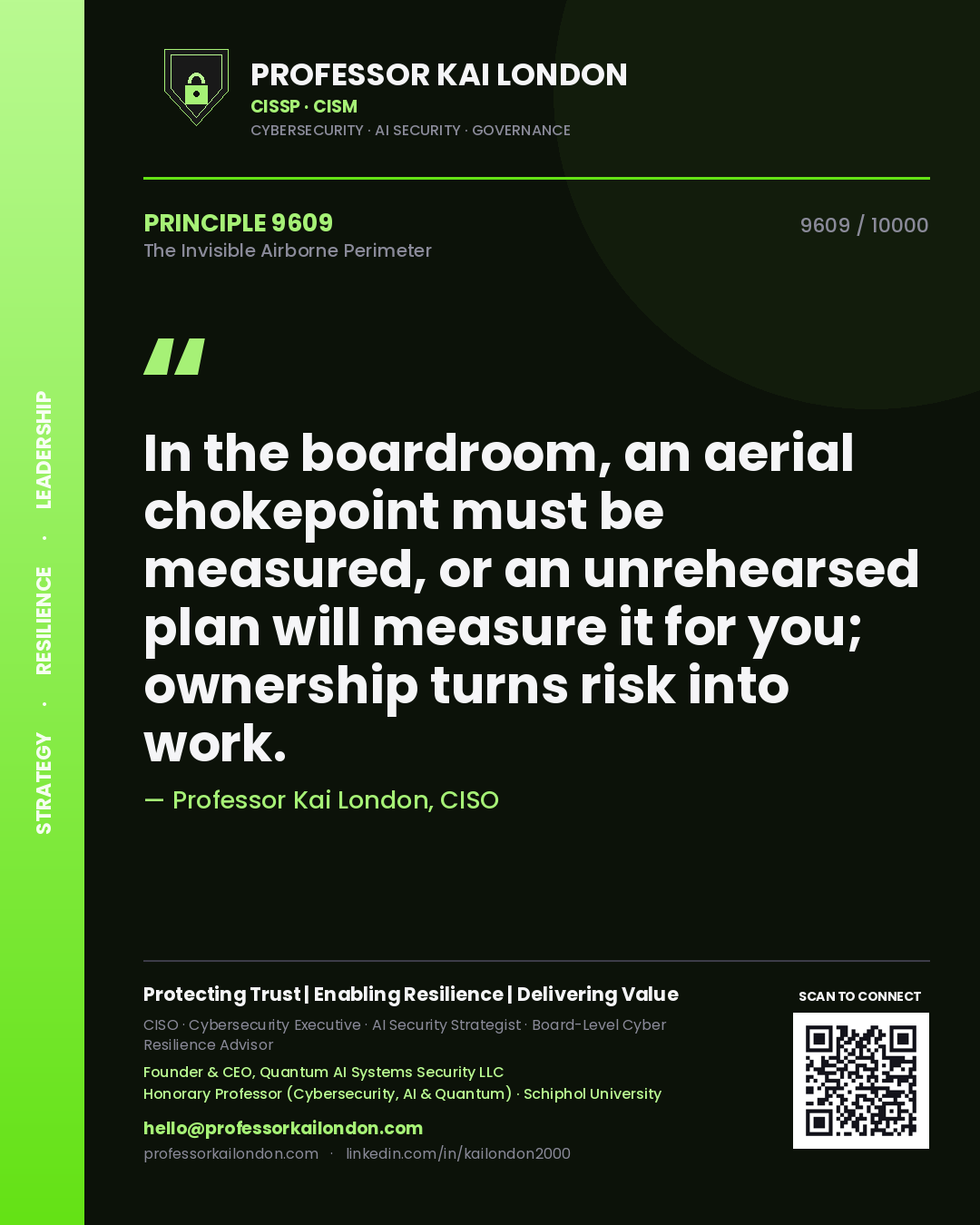 Professor Kai London principle 9609: In the boardroom, an aerial chokepoint must be measured, or an unrehearsed plan will measure it for you; ownership turns risk into work.