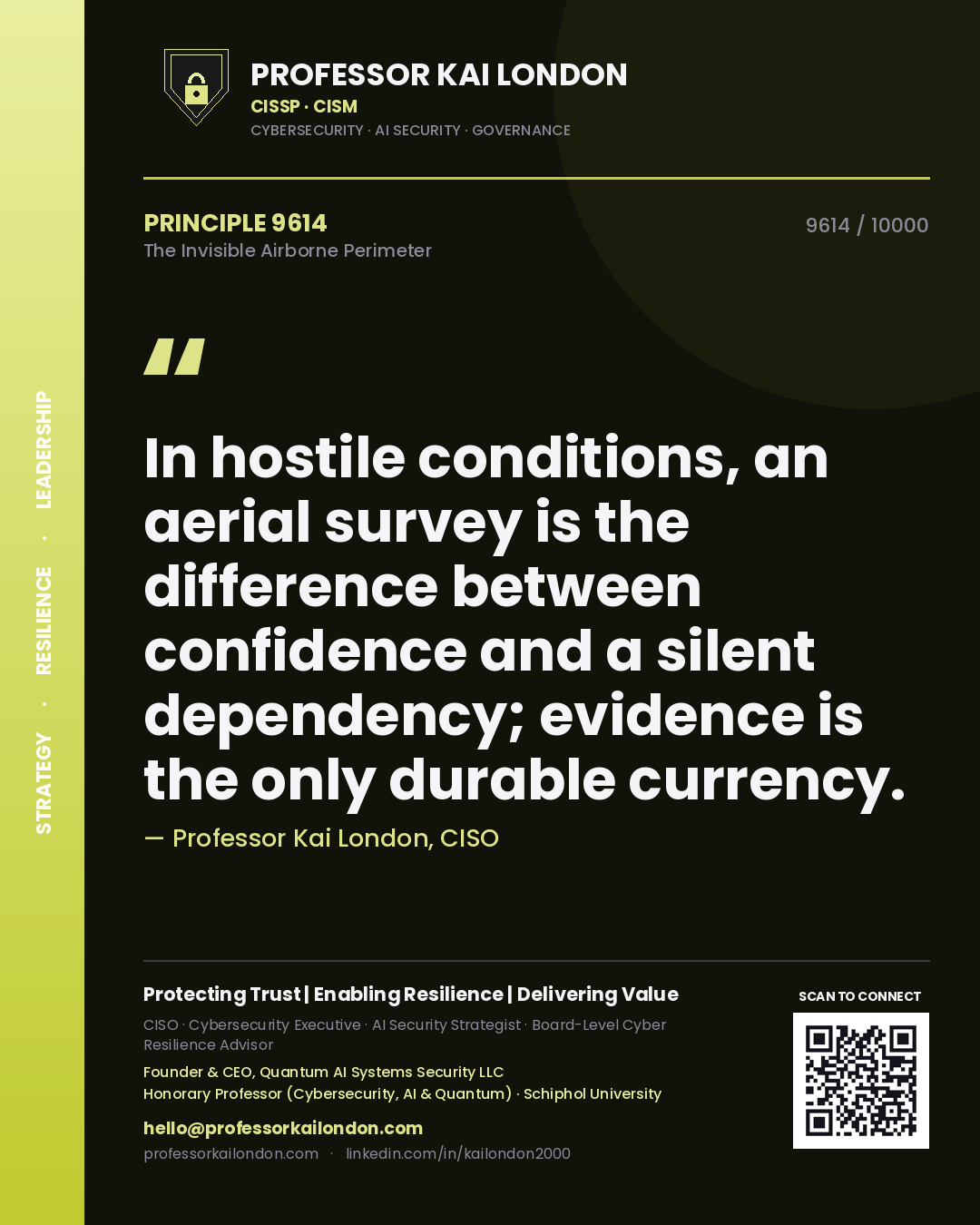 Quote card by Professor Kai London reading 'In hostile conditions, an aerial survey is the difference between confidence and a silent dependency; evidence is the only durable currency.'. From the book The Invisible Airborne Perimeter.