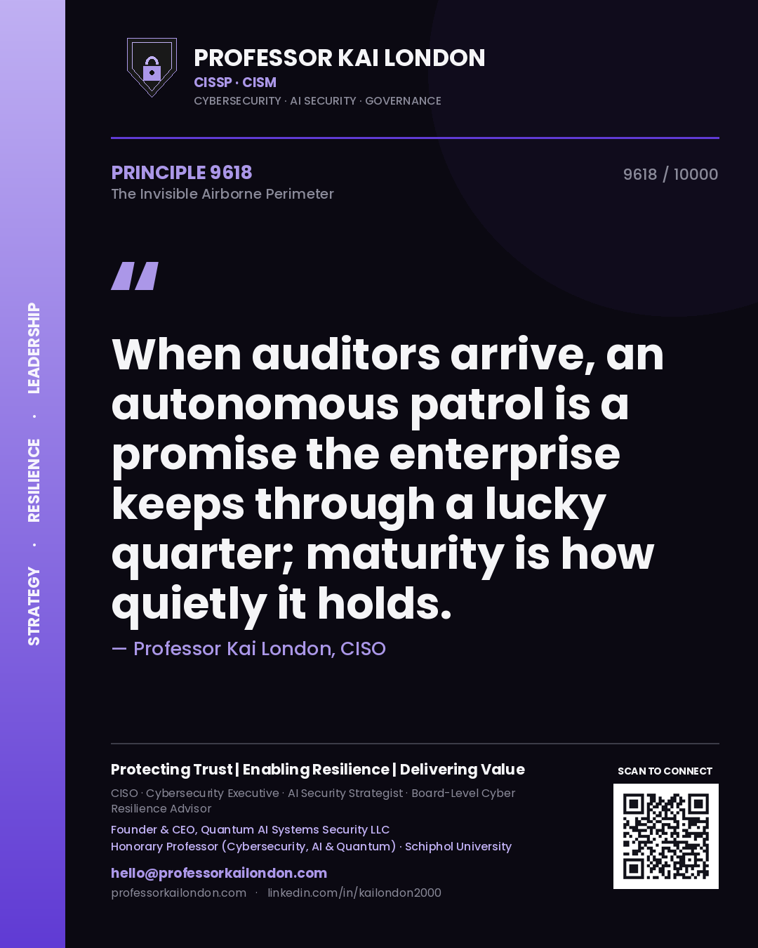 Professor Kai London principle 9618: When auditors arrive, an autonomous patrol is a promise the enterprise keeps through a lucky quarter; maturity is how quietly it holds.