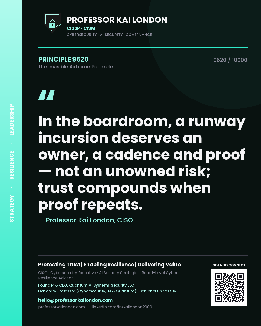 Quote card by Professor Kai London reading 'In the boardroom, a runway incursion deserves an owner, a cadence and proof — not an unowned risk; trust compounds when proof repeats.'. From the book The Invisible Airborne Perimeter.