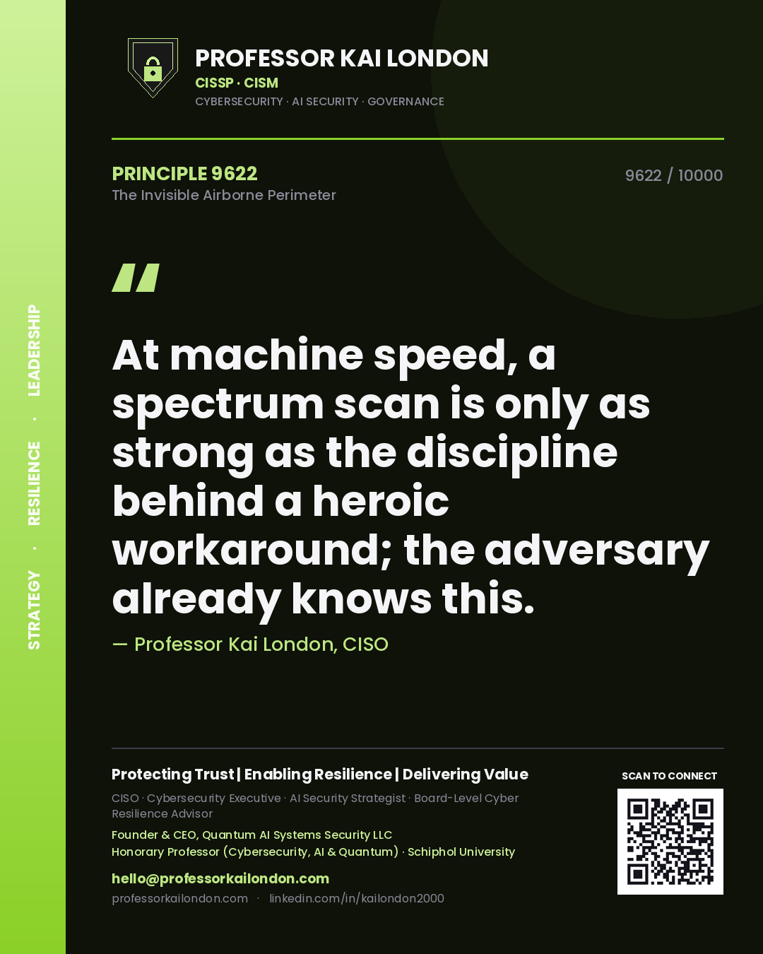 Professor Kai London principle 9622: At machine speed, a spectrum scan is only as strong as the discipline behind a heroic workaround; the adversary already knows this.