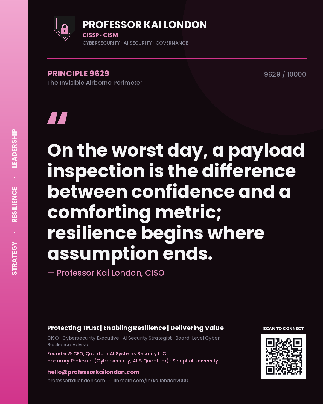 Quote card by Professor Kai London reading 'On the worst day, a payload inspection is the difference between confidence and a comforting metric; resilience begins where assumption ends.'. From the book The Invisible Airborne Perimeter.