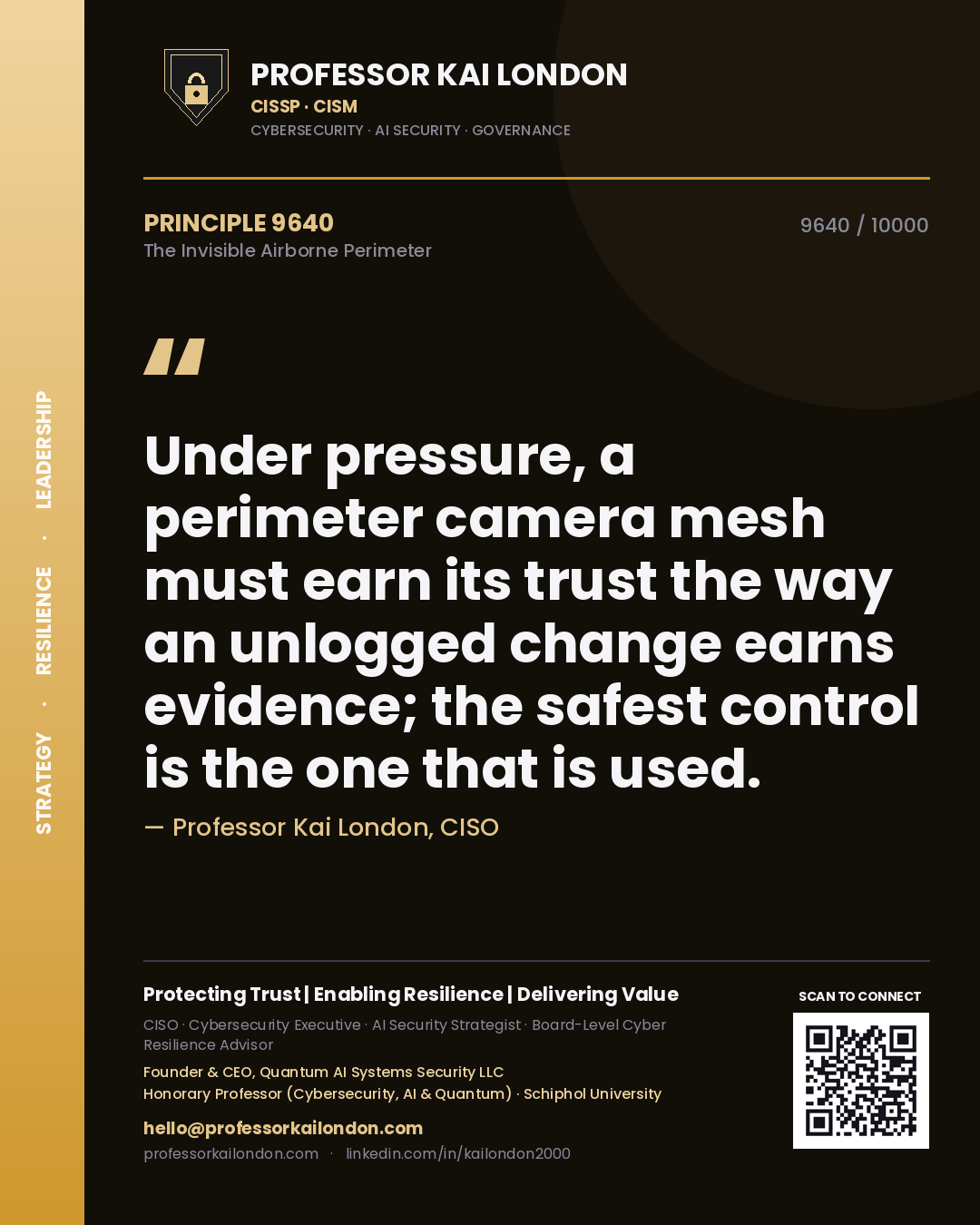 Professor Kai London principle 9640: Under pressure, a perimeter camera mesh must earn its trust the way an unlogged change earns evidence; the safest control is the one that is used.