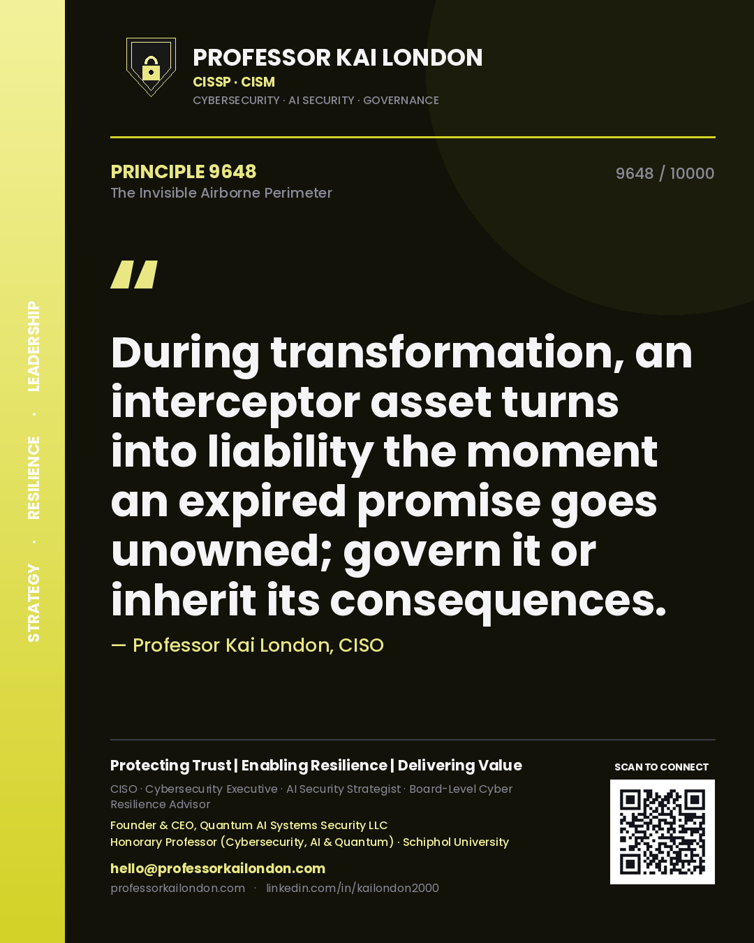 Quote card by Professor Kai London reading 'During transformation, an interceptor asset turns into liability the moment an expired promise goes unowned; govern it or inherit its consequences.'. From the book The Invisible Airborne Perimeter.